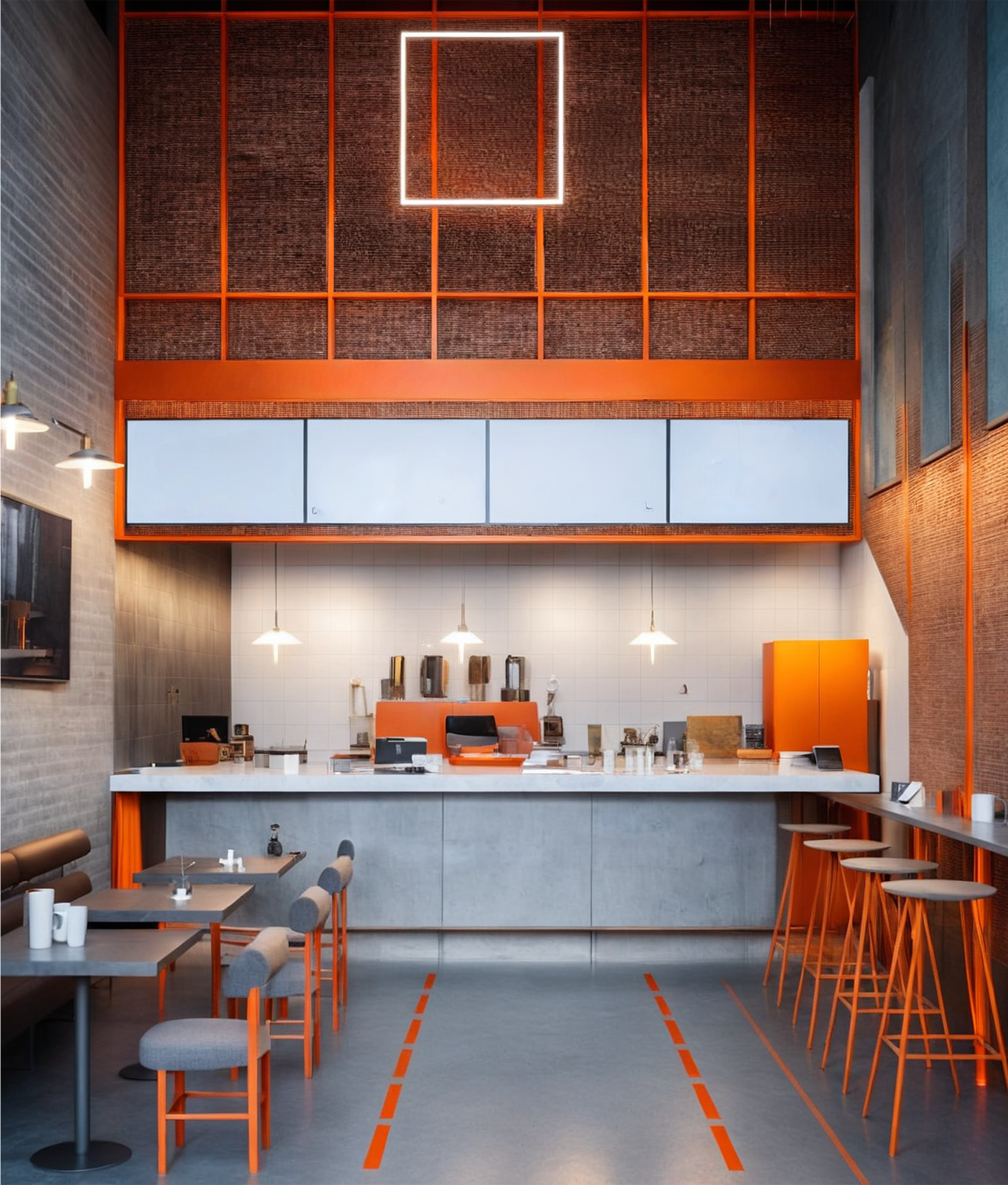 Intérieur moderne d'un café ou d'un espace de travail avec un comptoir en marbre, des chaises oranges hautes, des tables avec des assiettes, et un mur en briques rouges avec une structure métallique en orange et un éclairage néon en forme de carré.