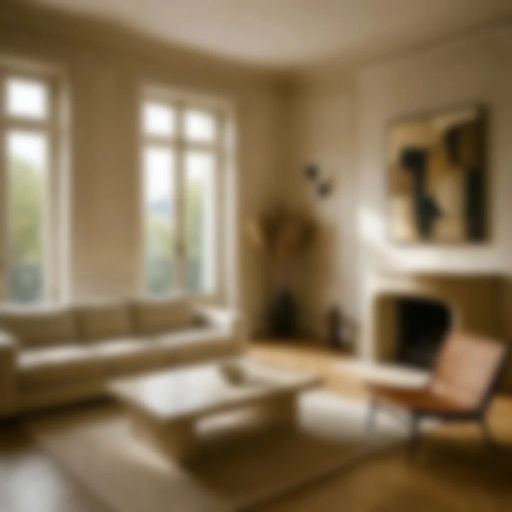 Intérieur d'un séjour avec canapé, fauteuil, cheminée et tableau, éclairé par des fenêtres
