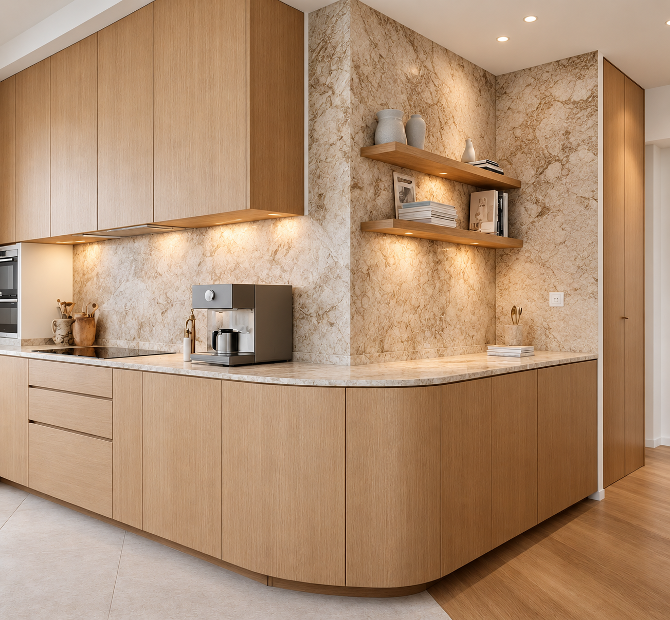 Cuisine moderne avec meubles en bois clair, plan de travail en marbre, étagères en bois avec des livres et des décorations, et une machine à café sur le comptoir.