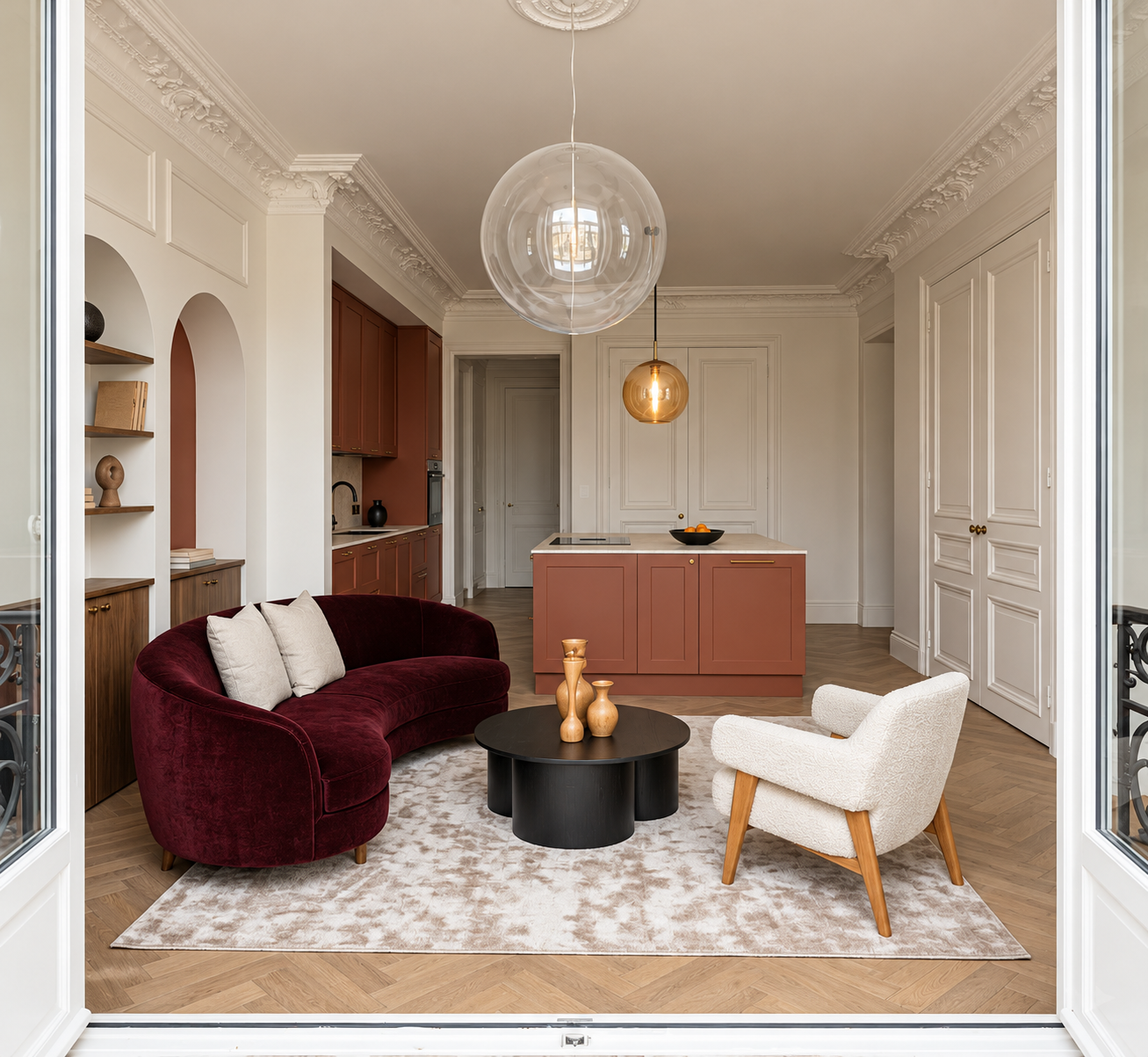 Salon moderne avec canapé en velours bordeaux, fauteuil beige, tapis clair, table basse noire avec vases, cuisine ouverte avec îlot en caramel et armoires rouges, penderie blanche, éclairage suspendu en verre et en métal, murs blancs ornés de moulures.