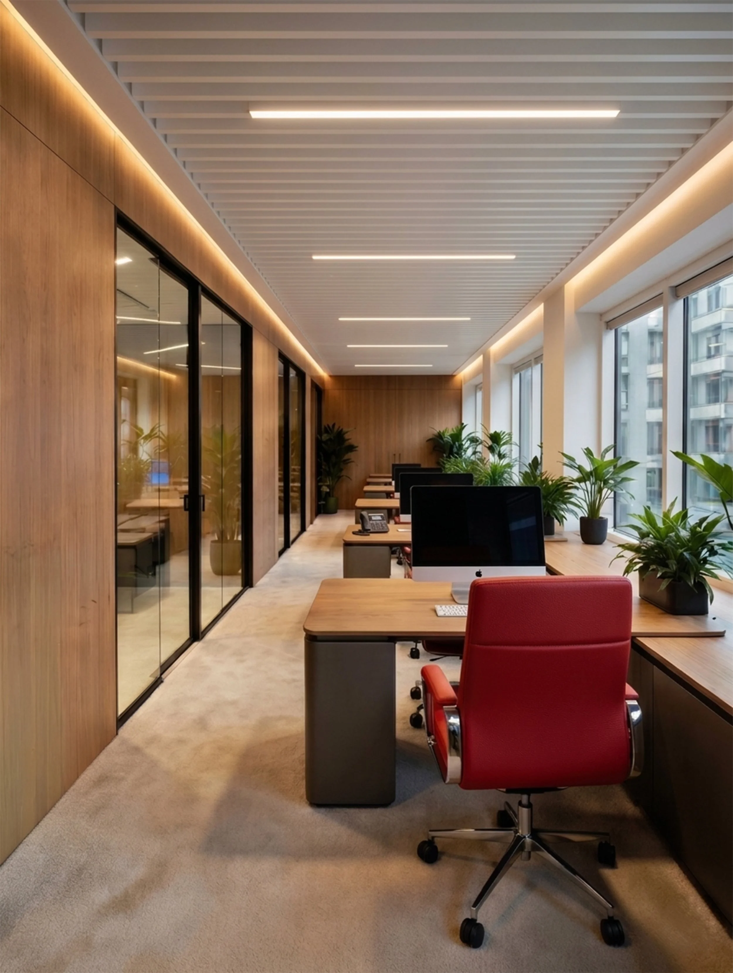 Bureau moderne avec des ordinateurs, une chaise rouge et de nombreuses plantes, vue latérale avec fenêtres lumineuses et une décoration boisée.
