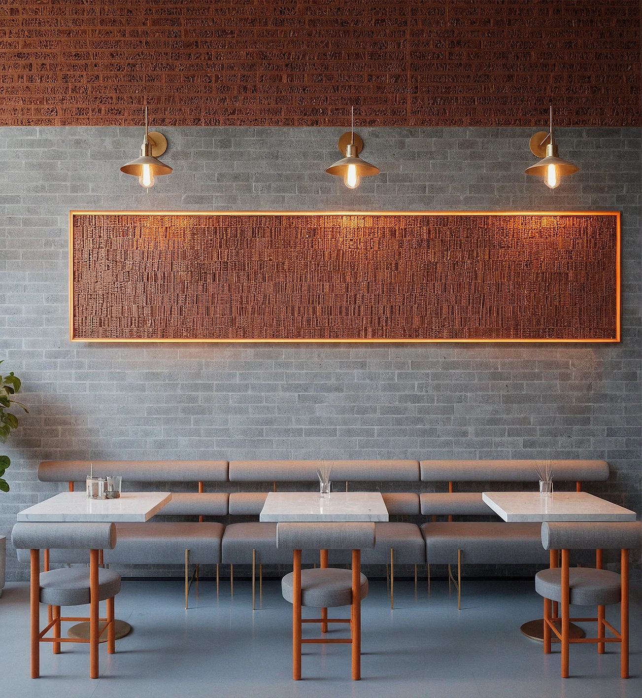 Intérieur moderne avec des tables et des chaises grises, un mur en brique grise, un grand tableau artisanal devant le mur, et trois suspensions en métal doré avec des ampoules à filament visible.