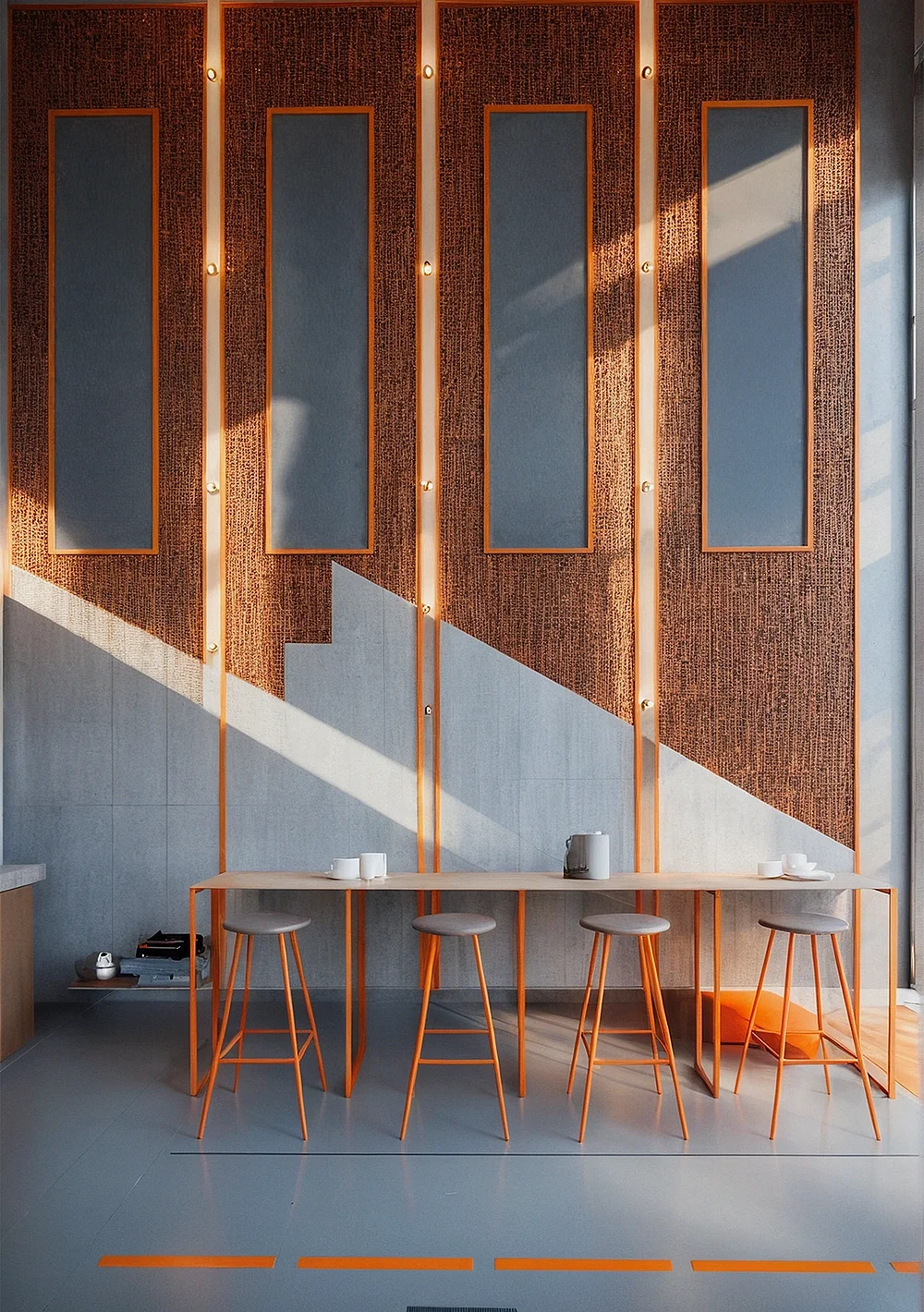 Un mur décoré avec des panneaux modernes en bois avec des inserts gris, derrière un comptoir en bois avec six tabourets gris, quelques tasses, une cafetière et des objets rangés en dessous, éclairé par la lumière du soleil.