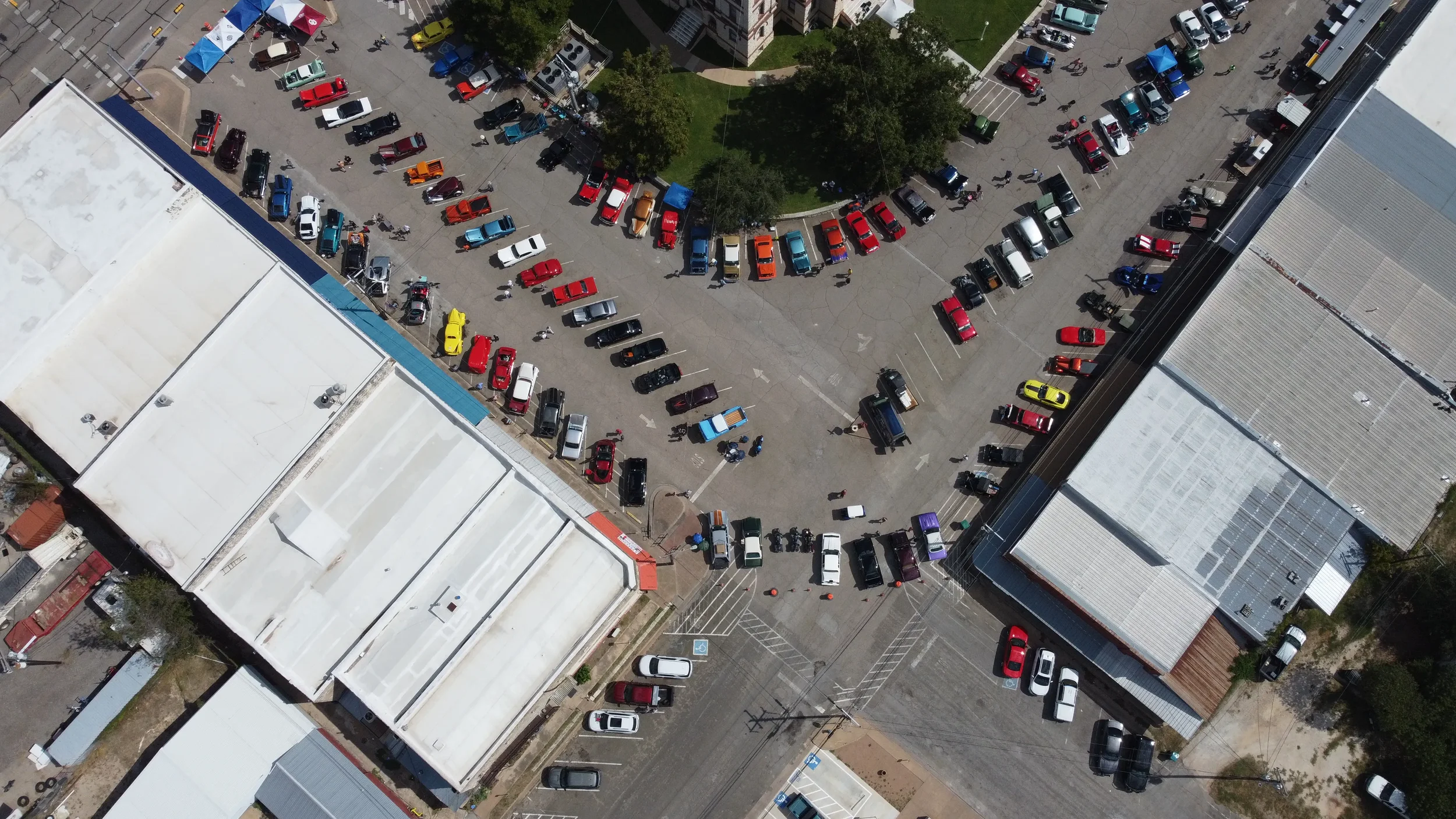 Aerial view of Cruzin Cruzers Car Show located on the Historic Coryell County Courthouse Square in Gatesville, Texas