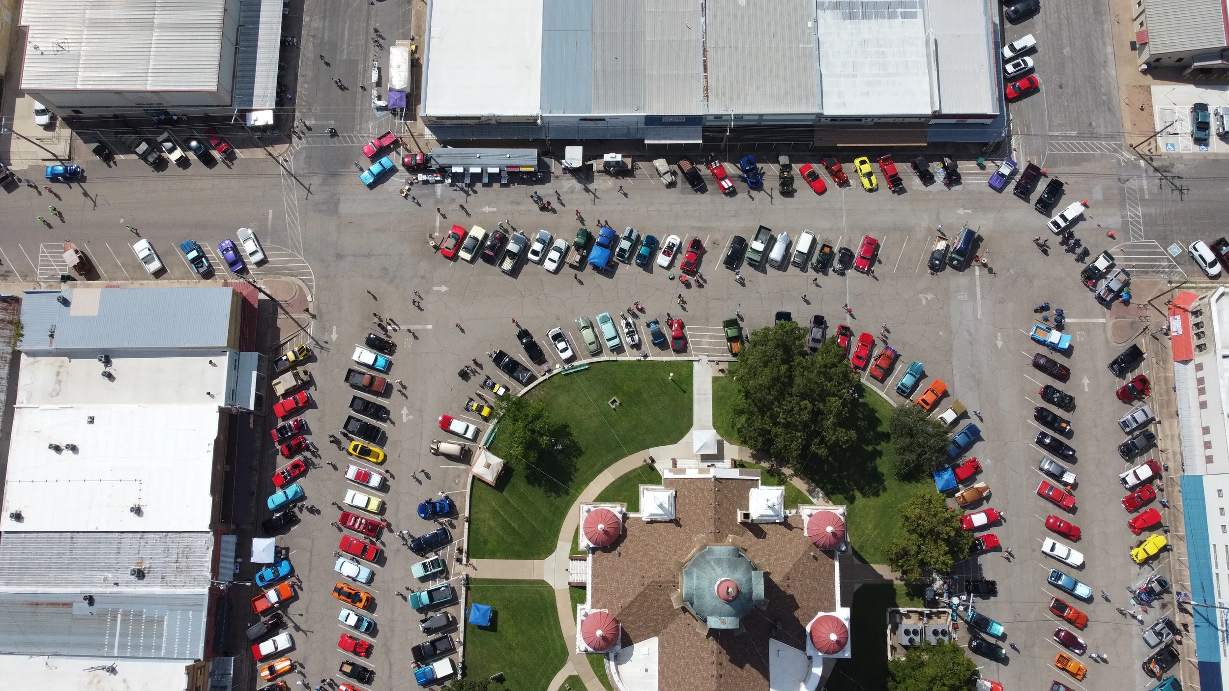 An aerial view of Cruzin Cruzers Car Show located on the Historic Coryell County Courthouse Square in Gatesville, Texas