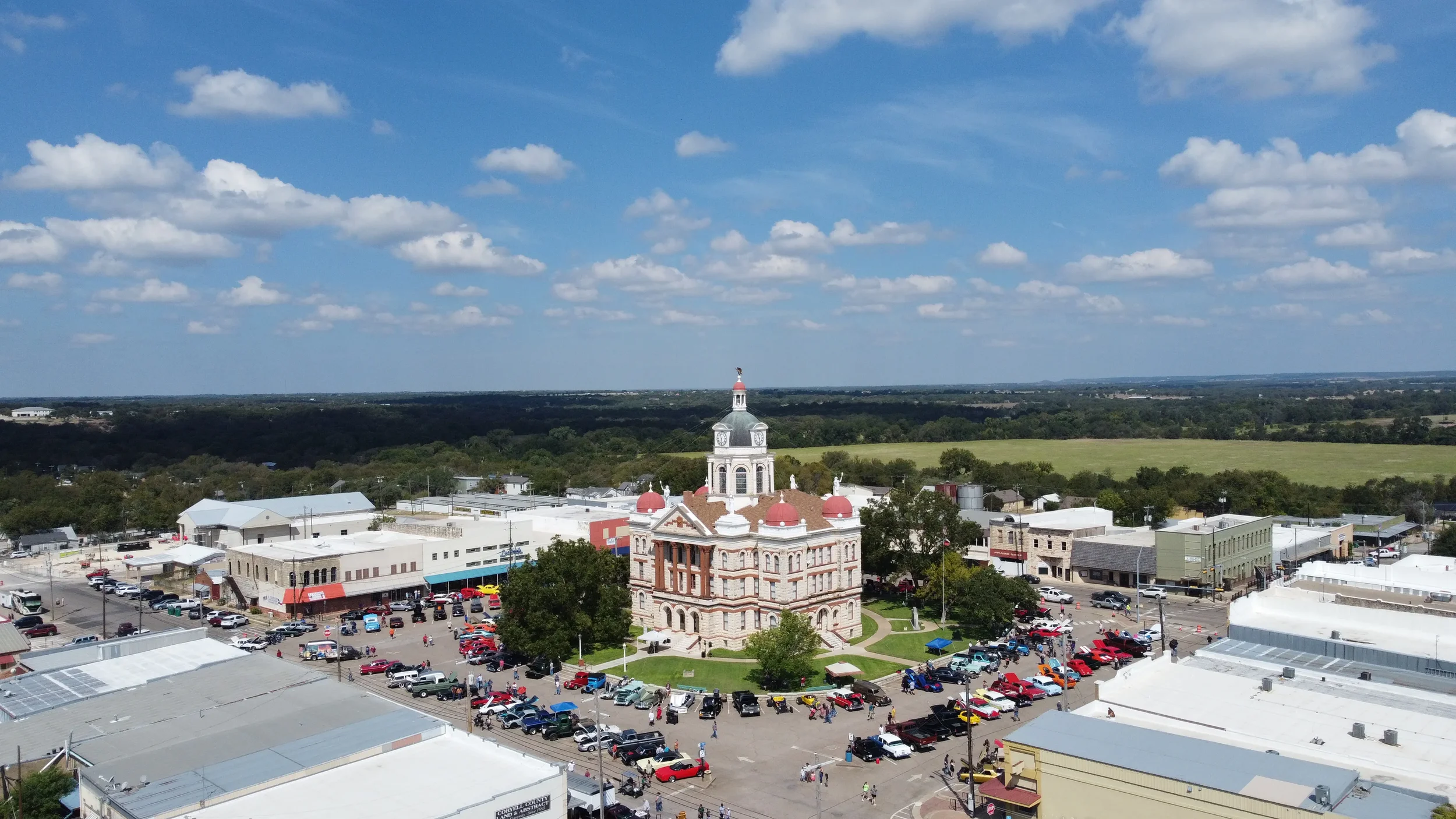 Aerial view of Cruzin Cruzers Car Show located on the Historic Coryell County Courthouse Square in Gatesville, Texas