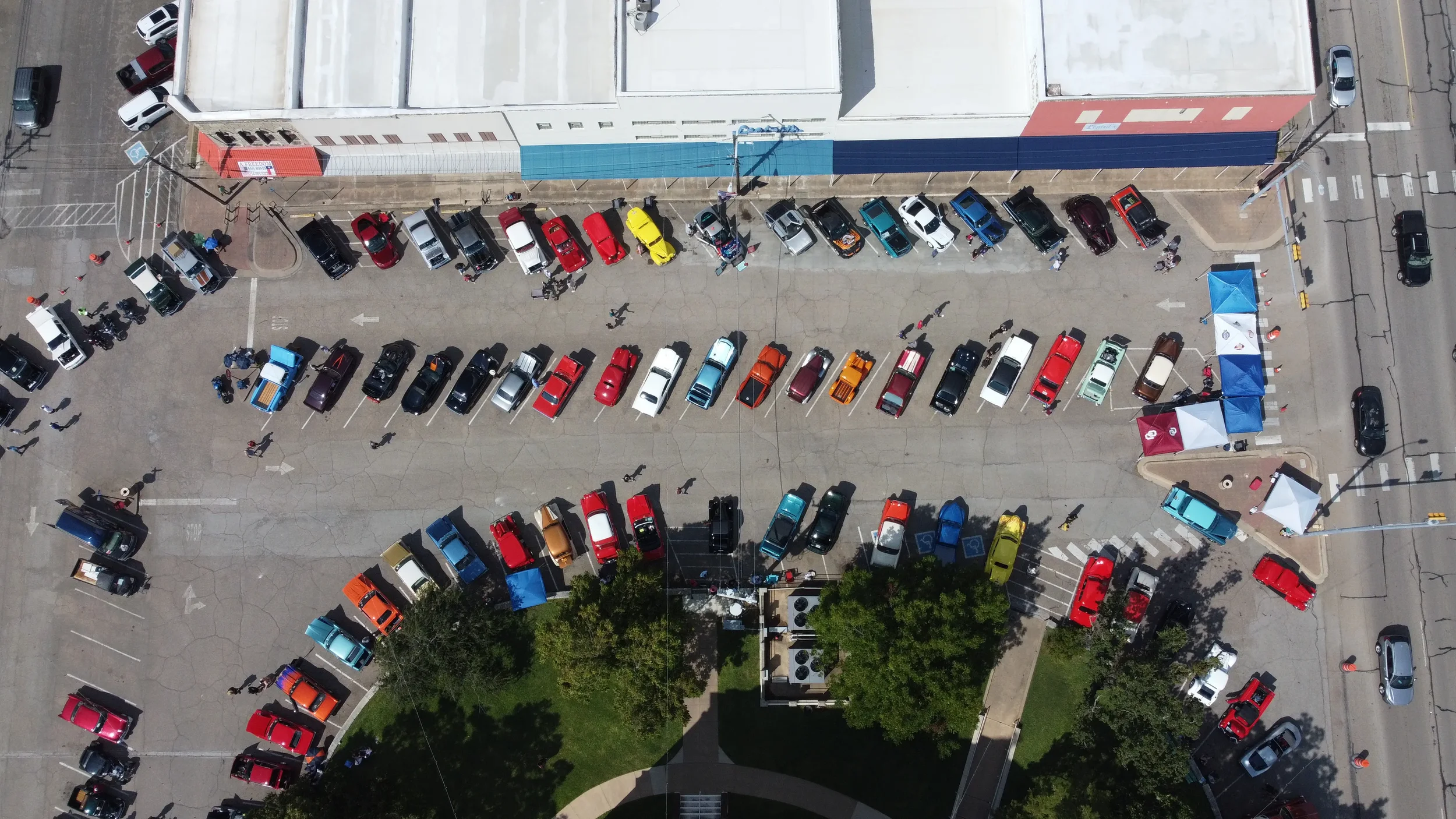 An aerial view of Cruzin Cruzers Car Show located on the Historic Coryell County Courthouse Square in Gatesville, Texas