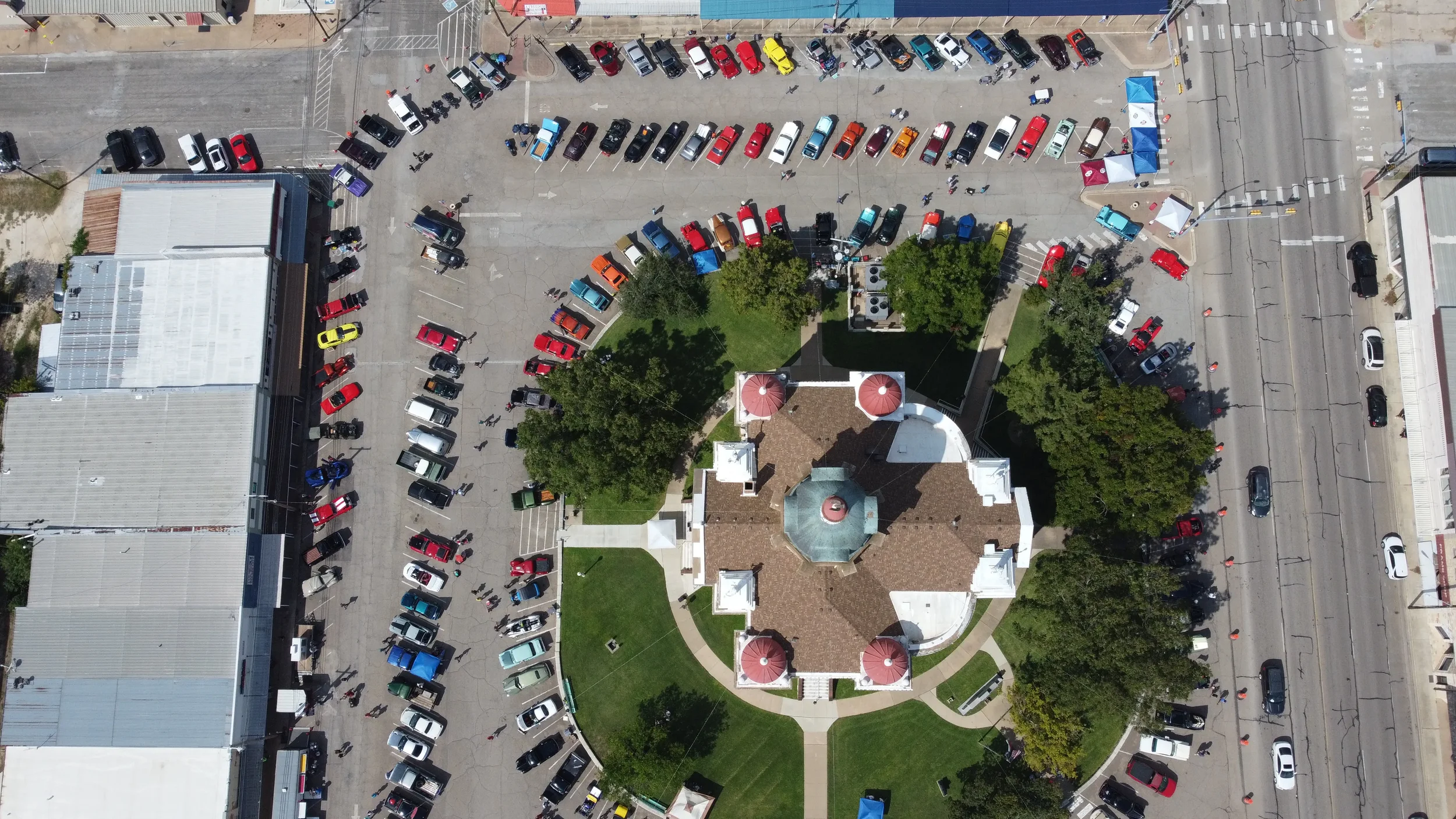 An aerial view of Cruzin Cruzers Car Show located on the Historic Coryell County Courthouse Square in Gatesville, Texas