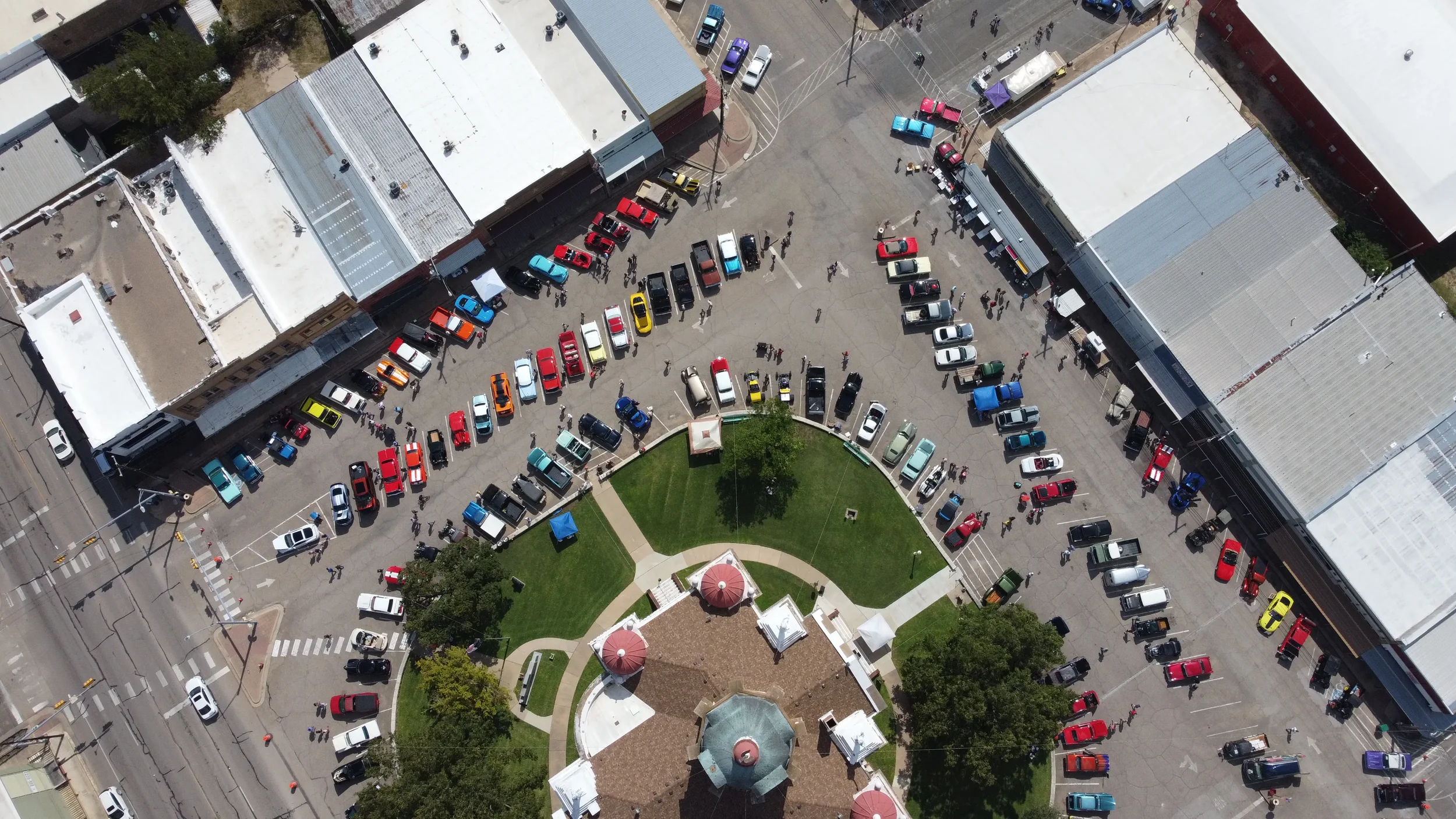 Aerial view of Cruzin Cruzers Car Show located on the Historic Coryell County Courthouse Square in Gatesville, Texas