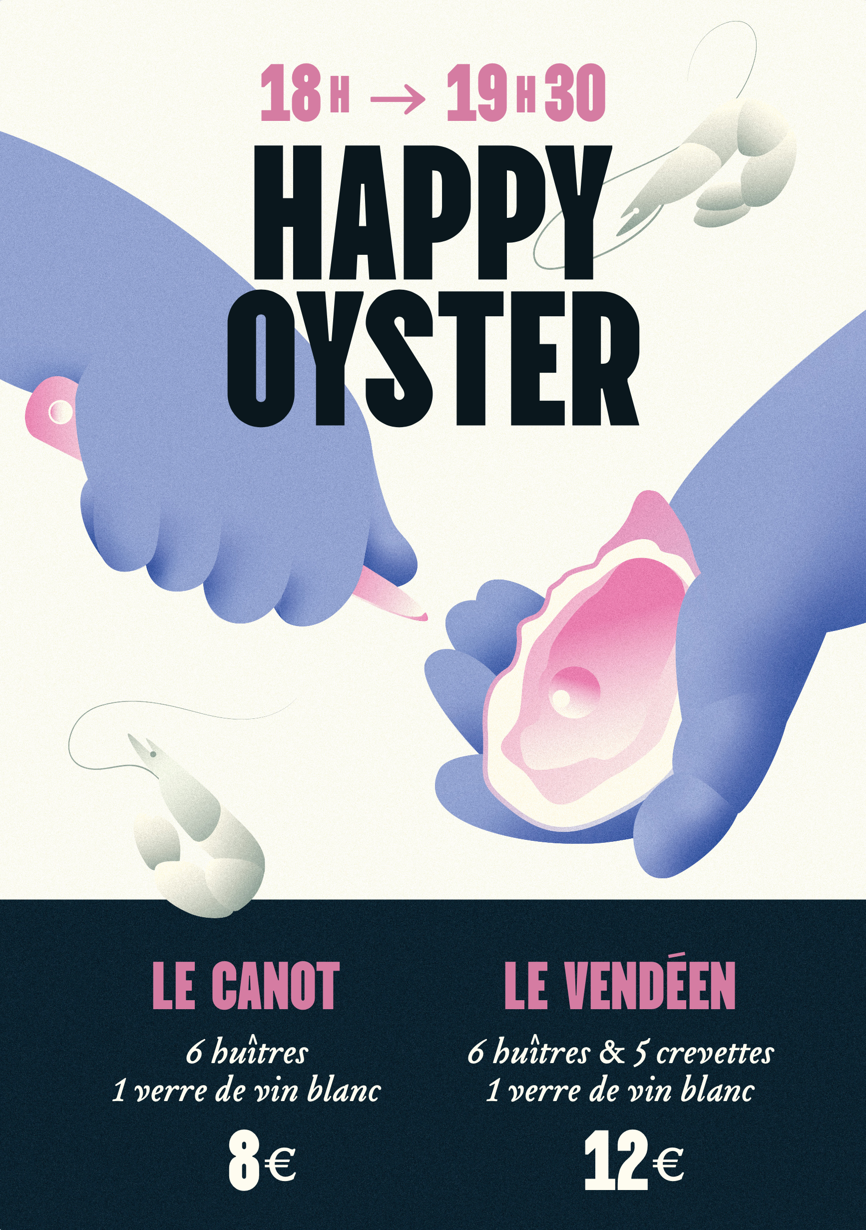 Affiche promotionnelle Happy Oyster : deux formules à 8€ et 12€  de 18h à 19h30 du mardi au samedi - huîtres, crevettes et vin blanc à tarif préférentiel.