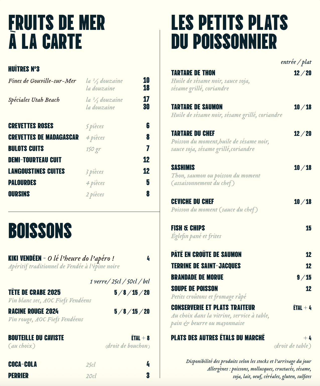 Menu bistrot traiteur de l'étal à l'assiette. Fruits de mer à la carte  et petits plats du poissonnier servis minute, de 5 à 30 €. Service continu de 9h à 19h30.