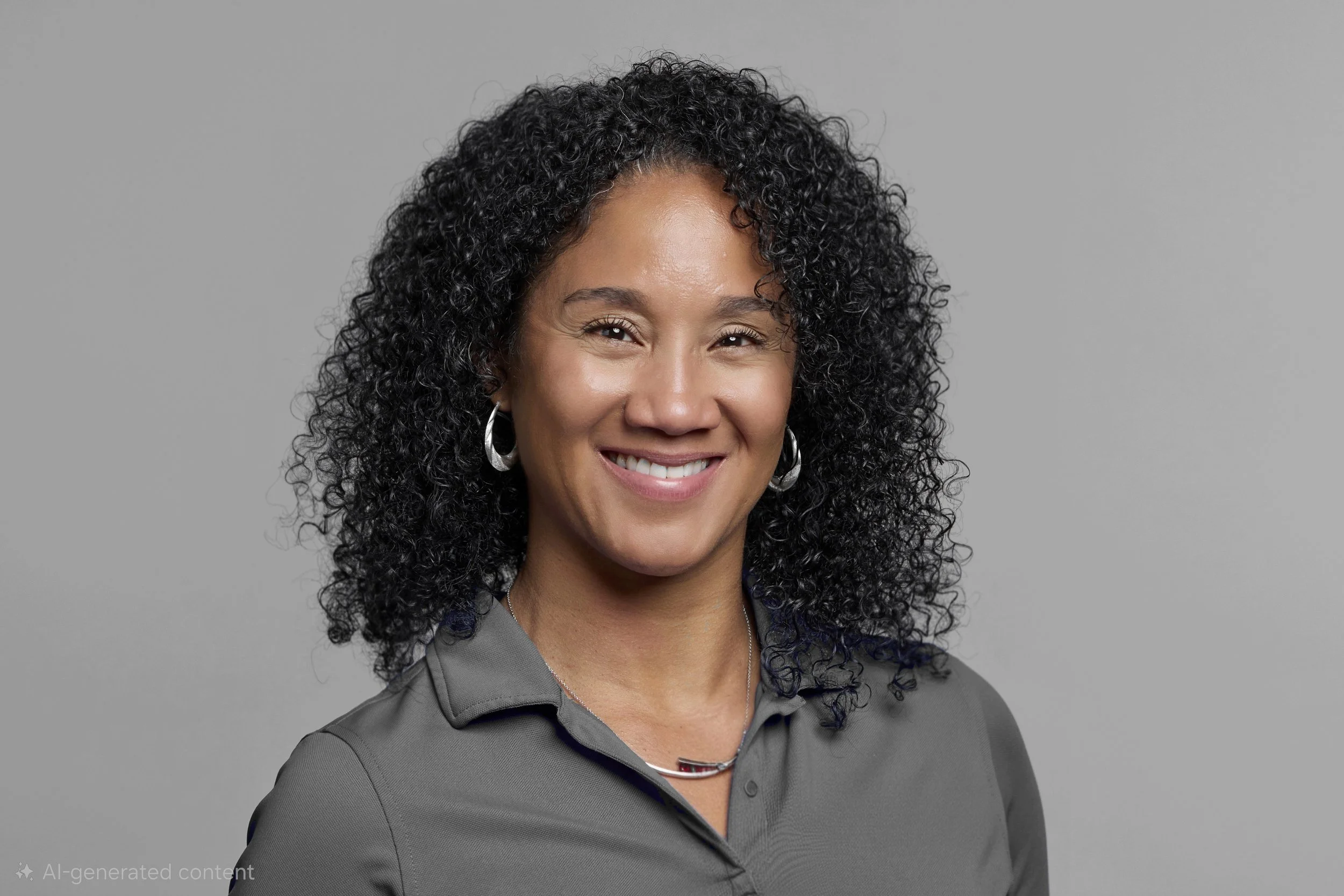Smiling woman with curly black hair, hoops earrings, in a gray collared shirt, against a gray background.