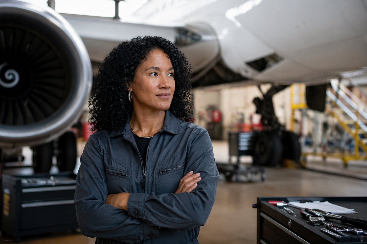 A woman with curly black hair in a mechanic's jumpsuit stands in an aircraft hangar, with an airplane underneath maintenance equipment in the background.