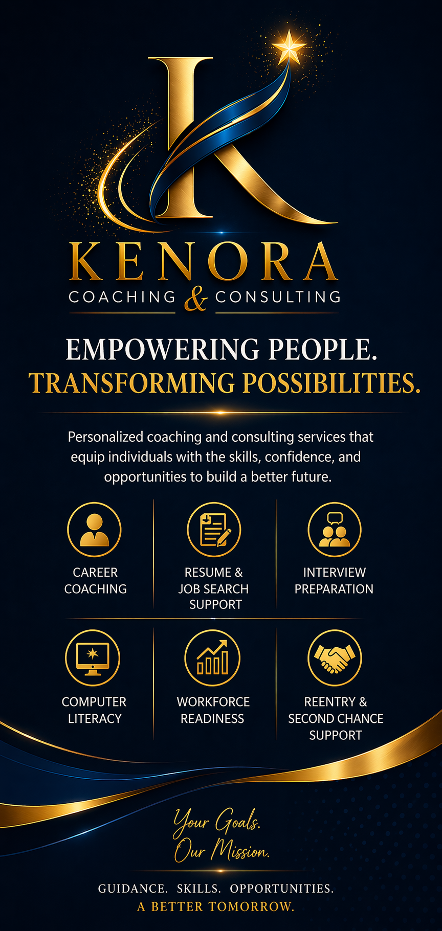 A promotional flyer for Kenora Coaching & Consulting featuring a gold and blue logo with a star and swoosh, and text about their services for career coaching, resume support, interview prep, computer literacy, workforce readiness, and reentry assistance, emphasizing empowerment and transforming possibilities.