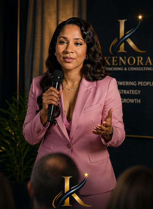 A woman in a pink suit speaking into a microphone at a conference or event, with a background displaying the logo and text of Kenora Coaching & Consulting.