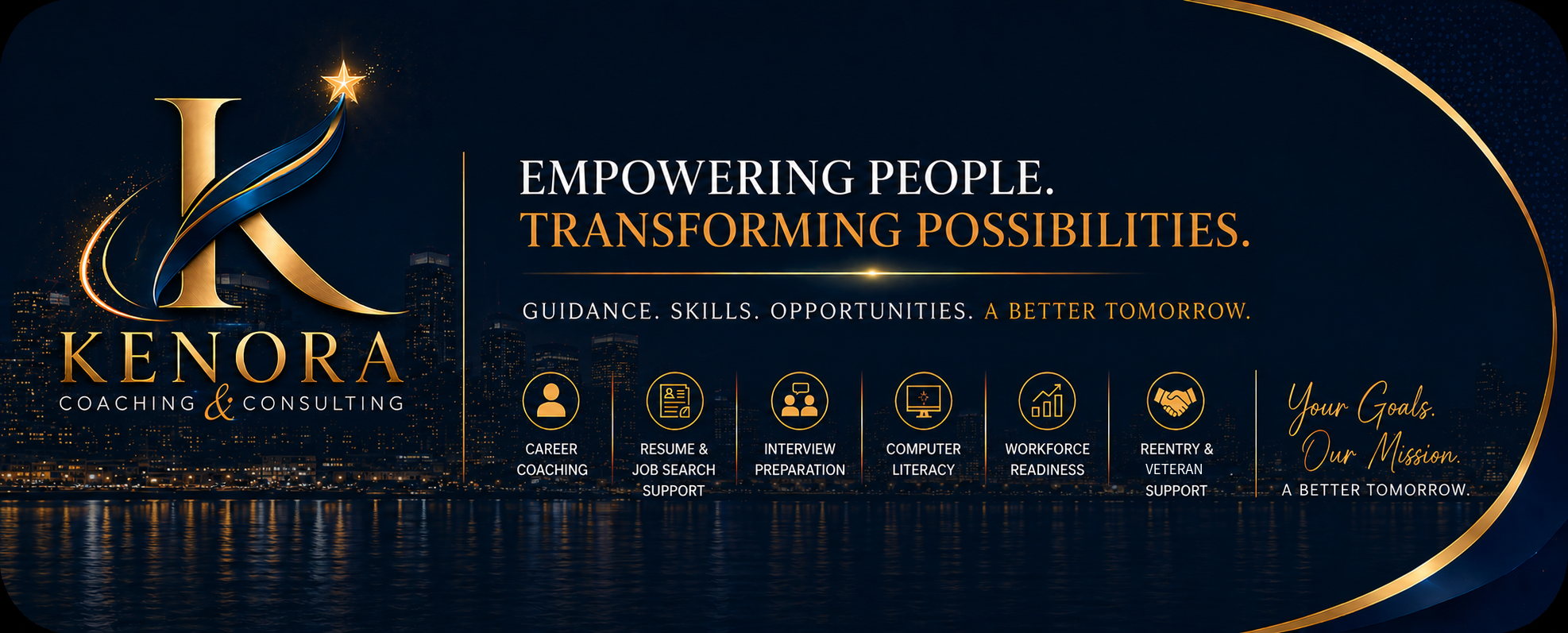 A graphic for Kenora Coaching & Consulting with a city skyline backdrop, featuring a large gold and blue logo 'K' with a star and swoosh. The text emphasizes empowering people and transforming possibilities, highlighting services like career coaching, resume and job search support, interview preparation, computer literacy, workforce readiness, reentry and veteran support, and includes motivational phrases.