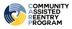 Logo for the Community Assisted Reentry Program with a circular design and hands symbol in blue and yellow.