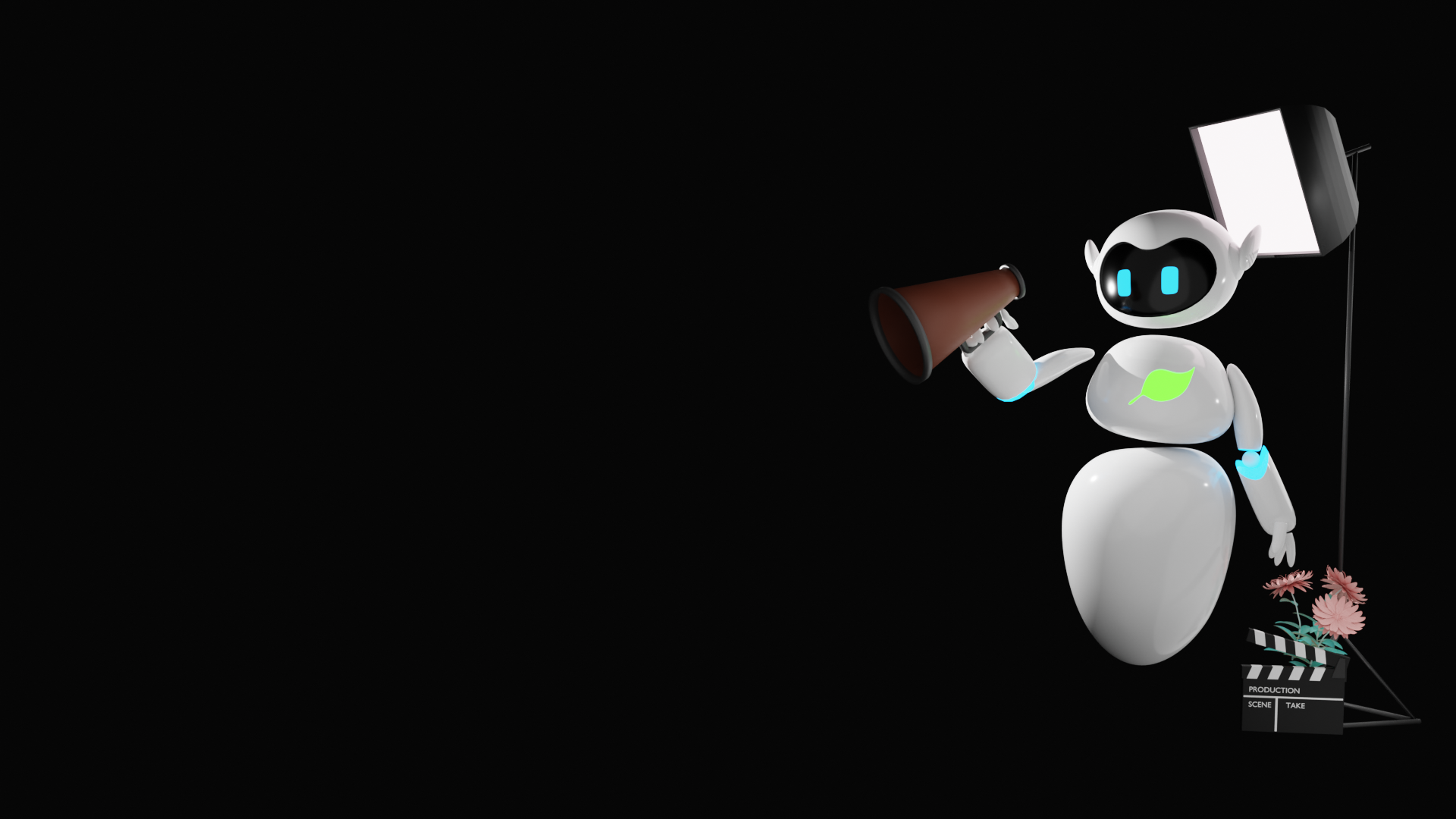 A robot with a white body, black face with blue eyes, and a green leaf on its chest holding a megaphone and standing next to a clapperboard with film flowers, a film strip, and a small potted plant on a black background.