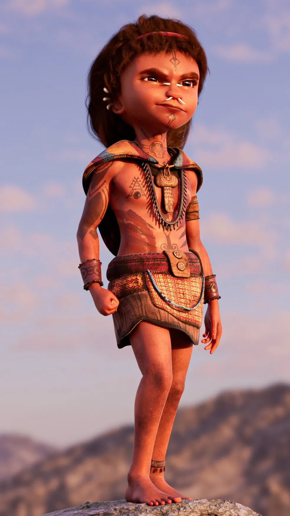 Animated character with tribal tattoos, wearing traditional accessories and clothing, standing outdoors with mountains in the background.