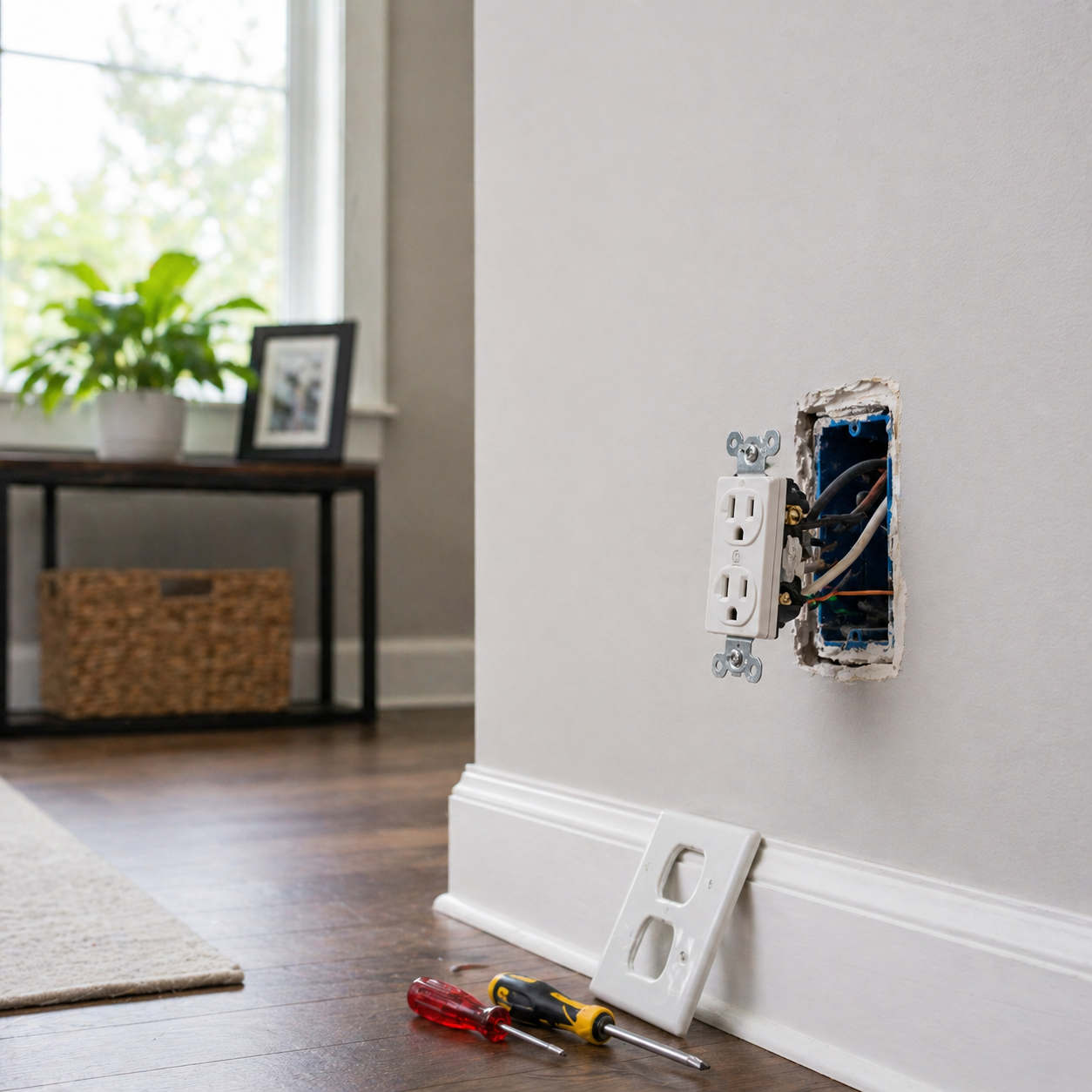 An electrical outlet in a wall with wires exposed, a white outlet cover on the floor, and tools including a screwdriver and a wire stripper nearby, with a living room in the background.