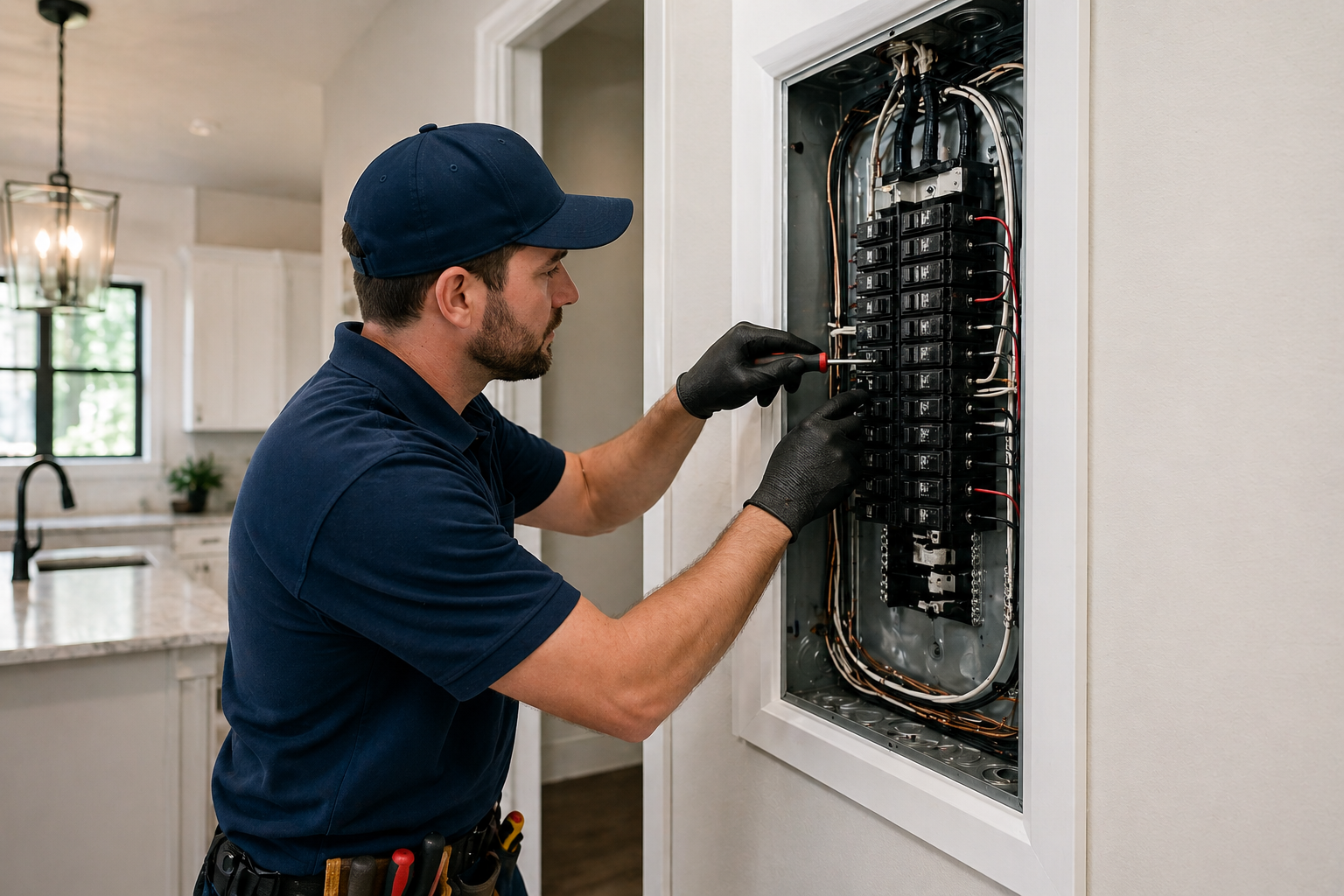 A man wearing a navy blue shirt, cap, and gloves working on an electrical panel with tools attached to his belt in a kitchen.