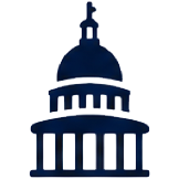 An illustration of the Capitol building with a central dome, columns, and a flag on top.