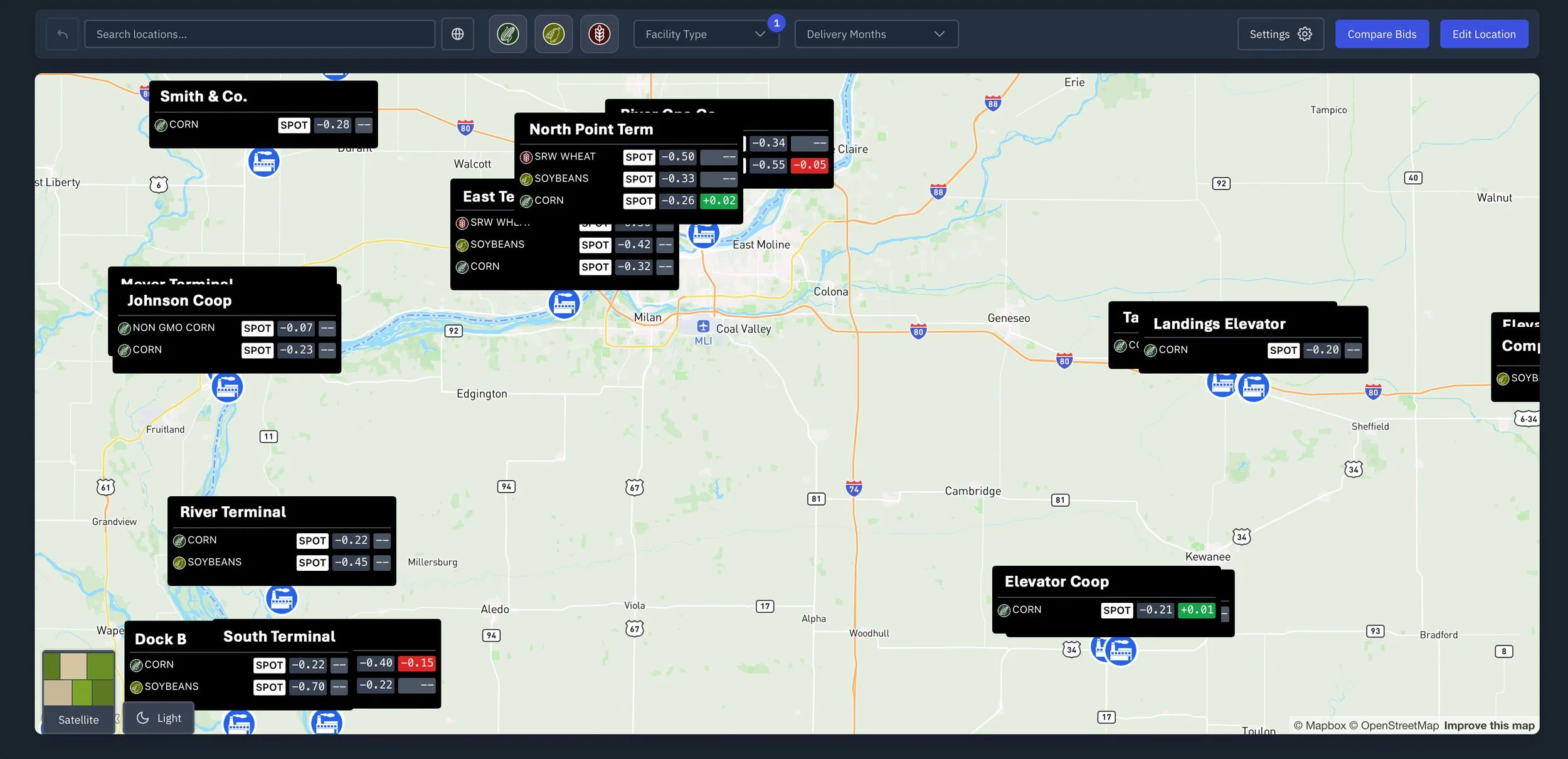 Map showing various terminals and checkpoints with labels for crops and commodities such as corn and soybeans, including locations like Smith & Co., North Point Term, East Te, River Terminal, Dock B, Landings Elevator, and South Terminal, with associated data on spot prices and changes.