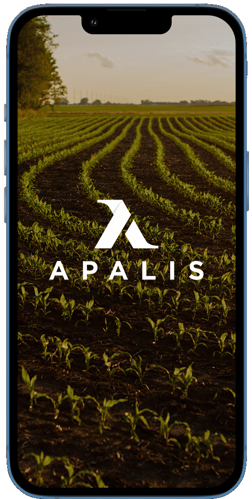 Farmland with rows of young green crops, cloudy sky, and a logo in the center reading "APALIS".