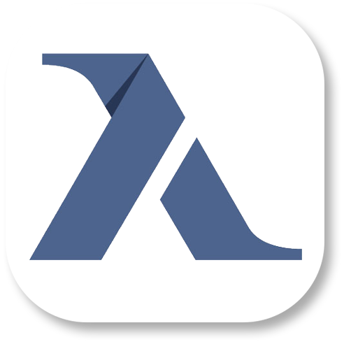 Blue angular logo on a white background.