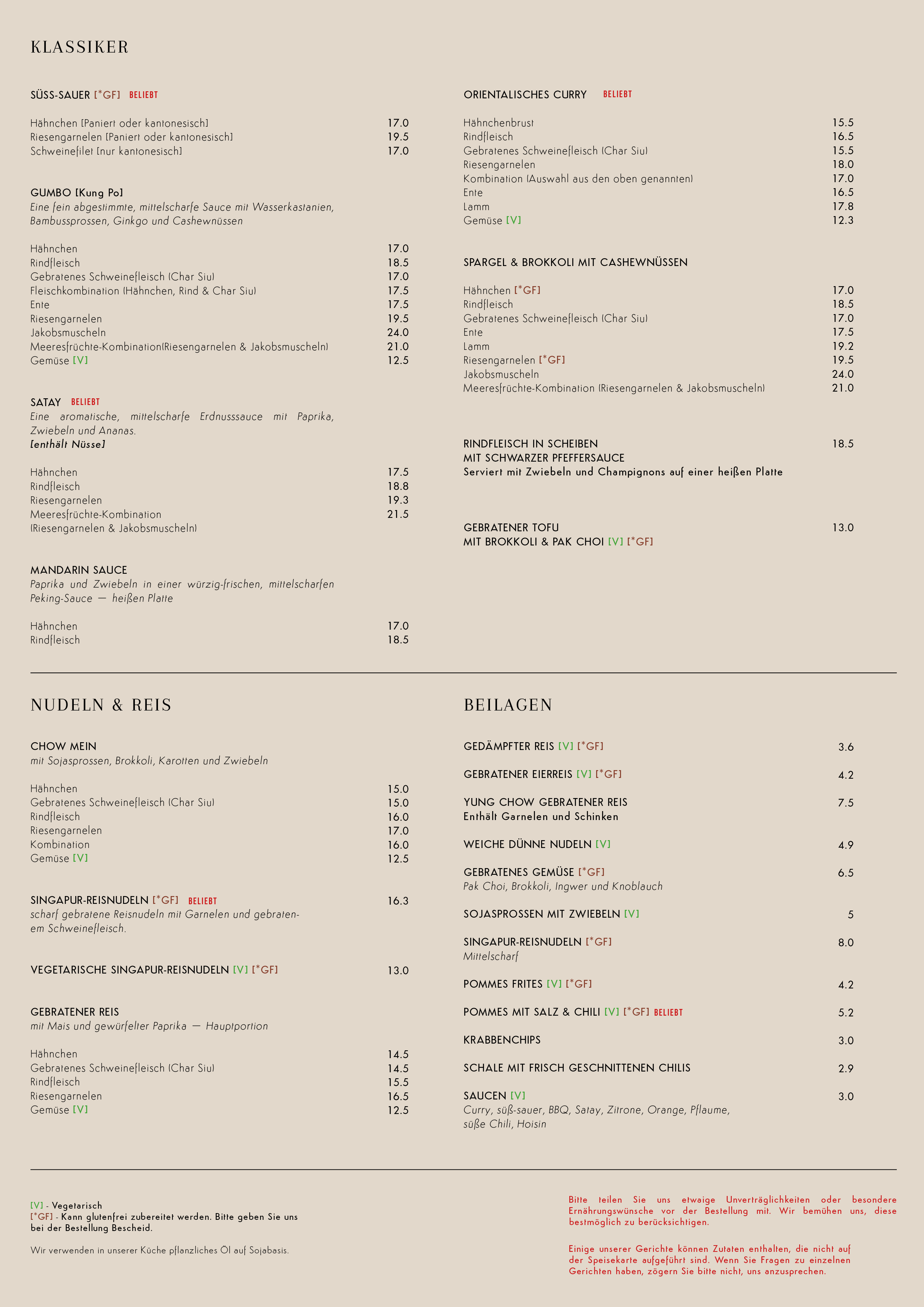 A menu in German from a restaurant featuring various dishes including vegetarian, gluten-free, and seafood options. The menu lists prices and ingredients for dishes such as sweet and spicy sauces, Asian-style rice bowls, noodle dishes, and side dishes with sauces and chilies.