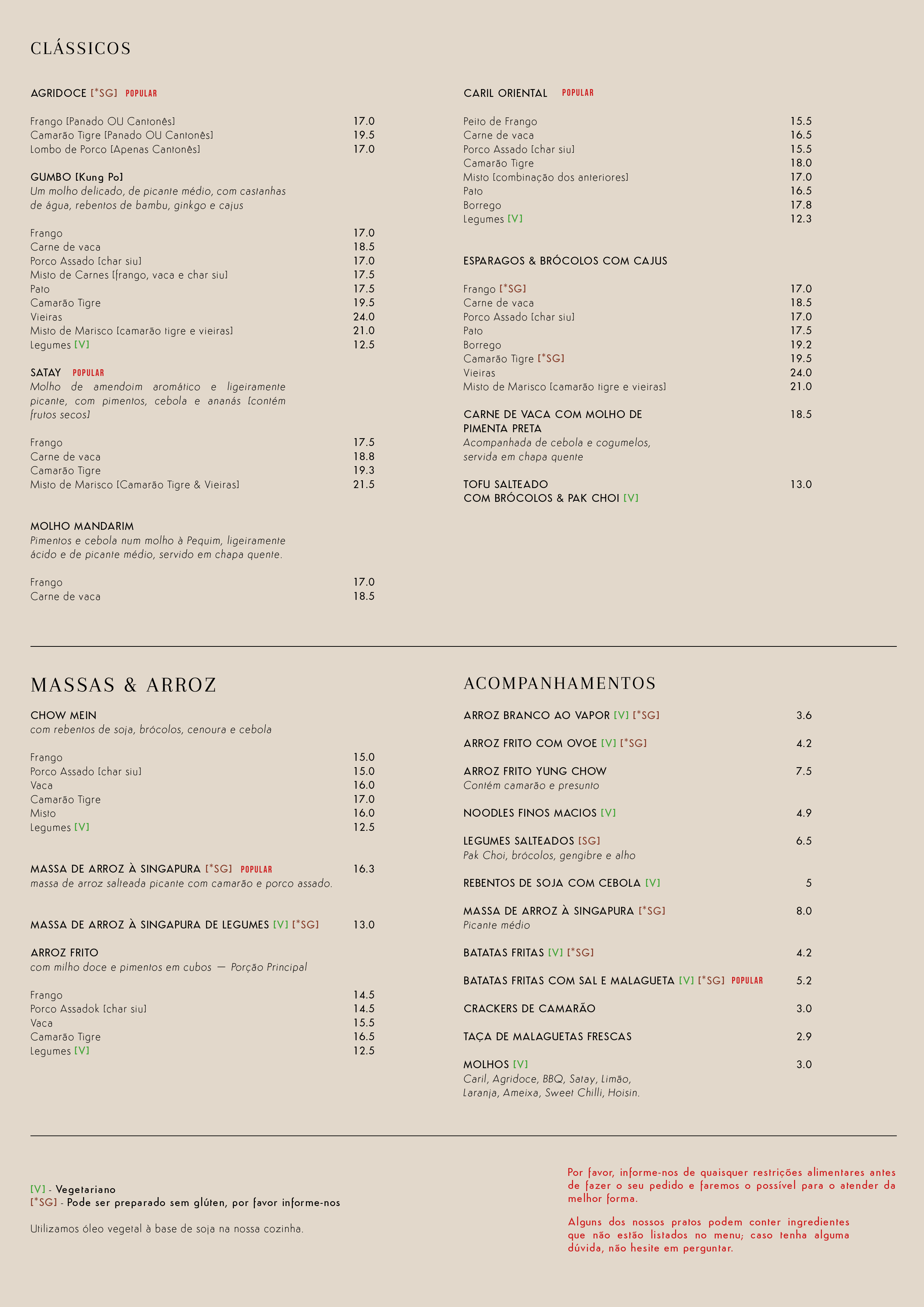 A restaurant menu page with sections labeled 'Clássicos,' 'Massas & Arroz,' and 'Acompanhamentos,' listing various dishes and prices in Portuguese.