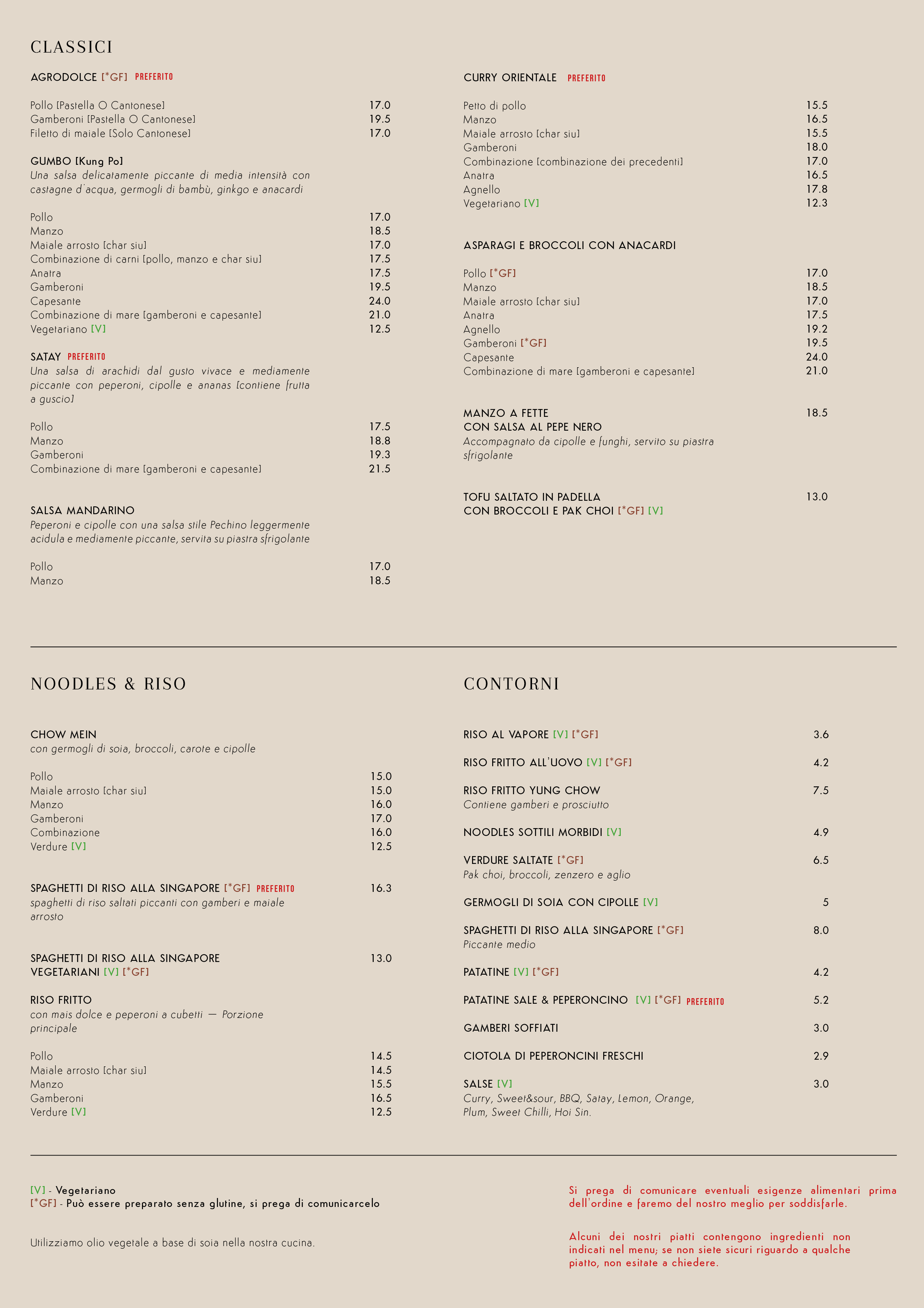 A restaurant menu featuring various Italian dishes, including pasta, rice, and side dishes, divided into sections with prices listed in euros.