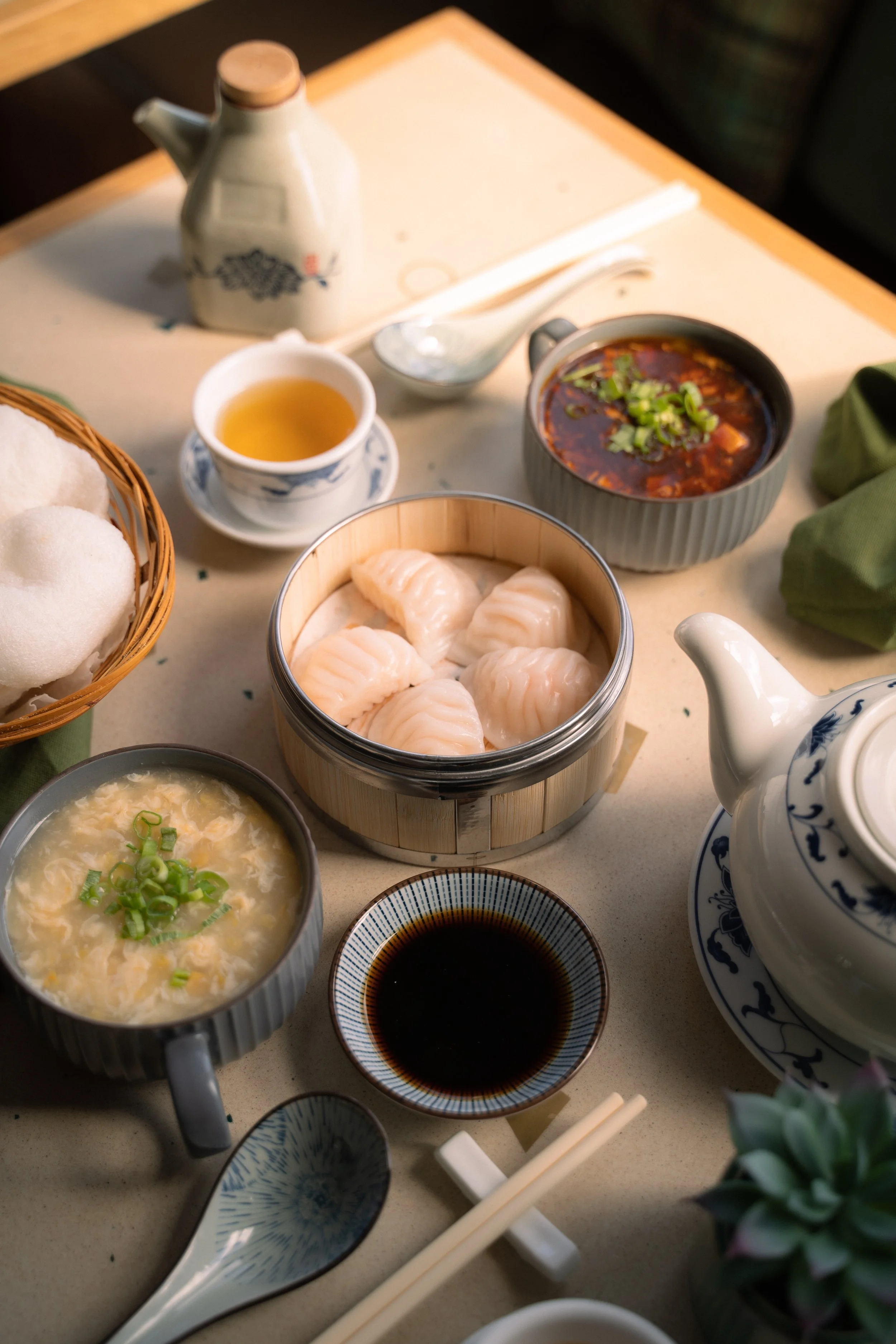 Chinese tea with some dumplings and soup