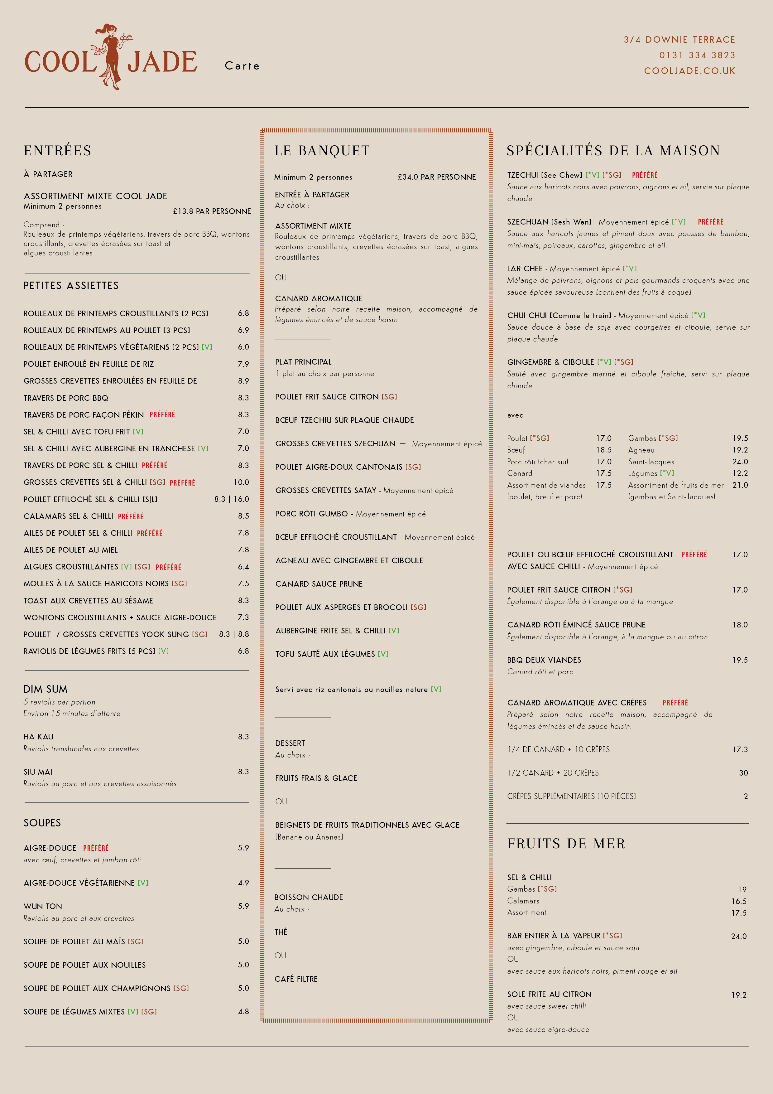 Restaurant menu from Cool Jade offering appetizers, dim sum, soups, main courses, seafood, and desserts, with prices and some vegetarian and gluten-free options.