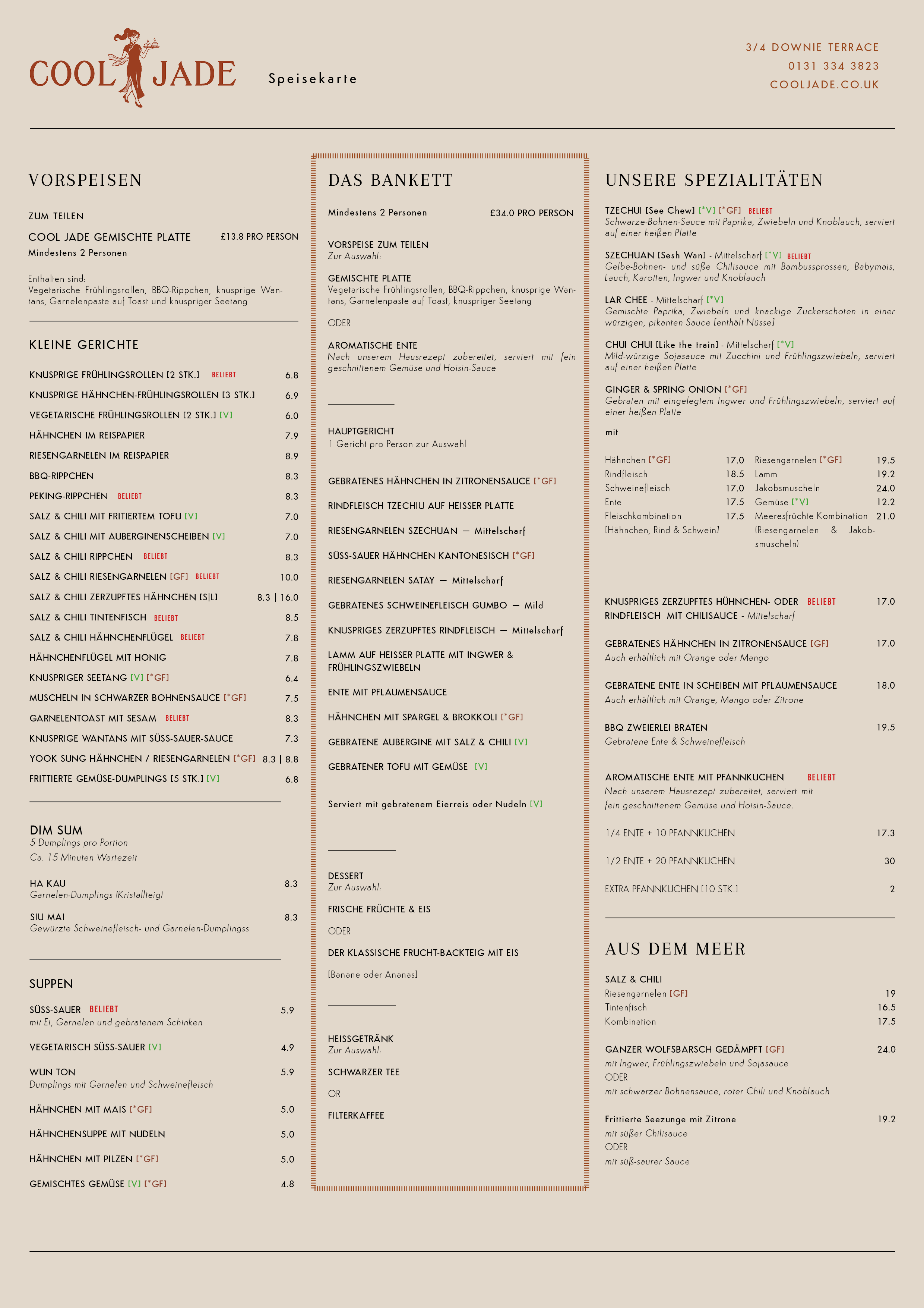 A menu from a restaurant named Cool Jade, written in German. It lists various dishes, prices, and sections for appetizers, small dishes, soups, main courses, desserts, and beverages.