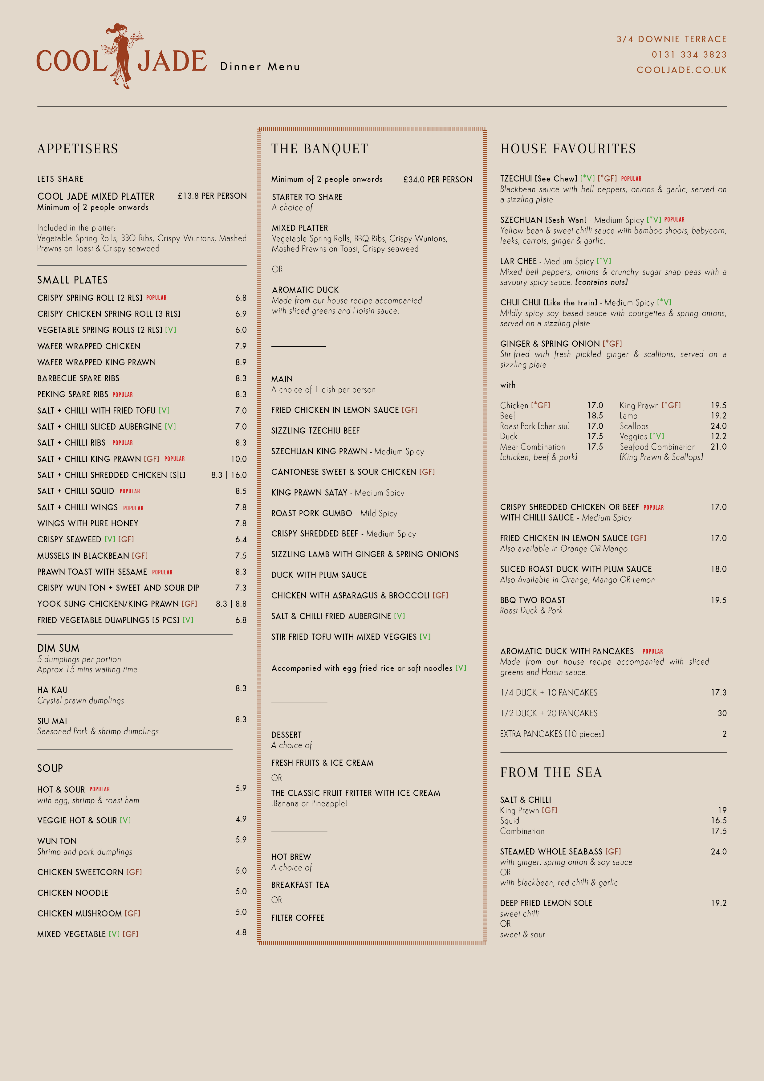 Dinner menu from Cool Jade restaurant, featuring sections for appetisers, the banquet, house favourites, from the sea, and desserts, with prices, descriptions, and dietary labels.