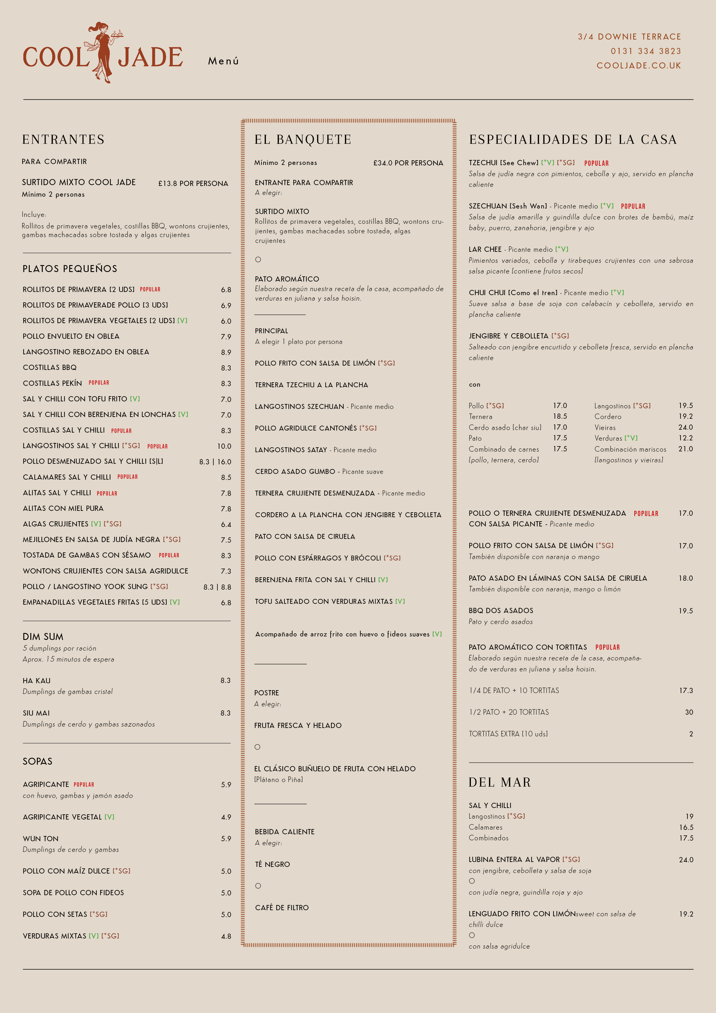 Menu of a restaurant named Cool Jade, displaying food and drink options in Spanish with prices, including appetizers, main courses, soups, desserts, and beverages, with some items marked as popular or vegetarian.