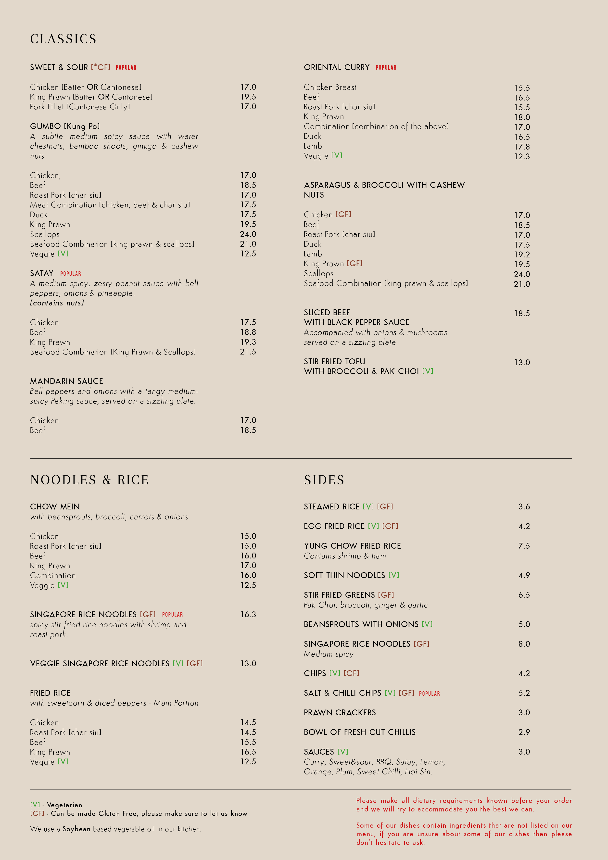 A restaurant menu page featuring various Asian dishes, including categories like sweet & sour, satay, noodles & rice, sides, and more, with prices and descriptions.