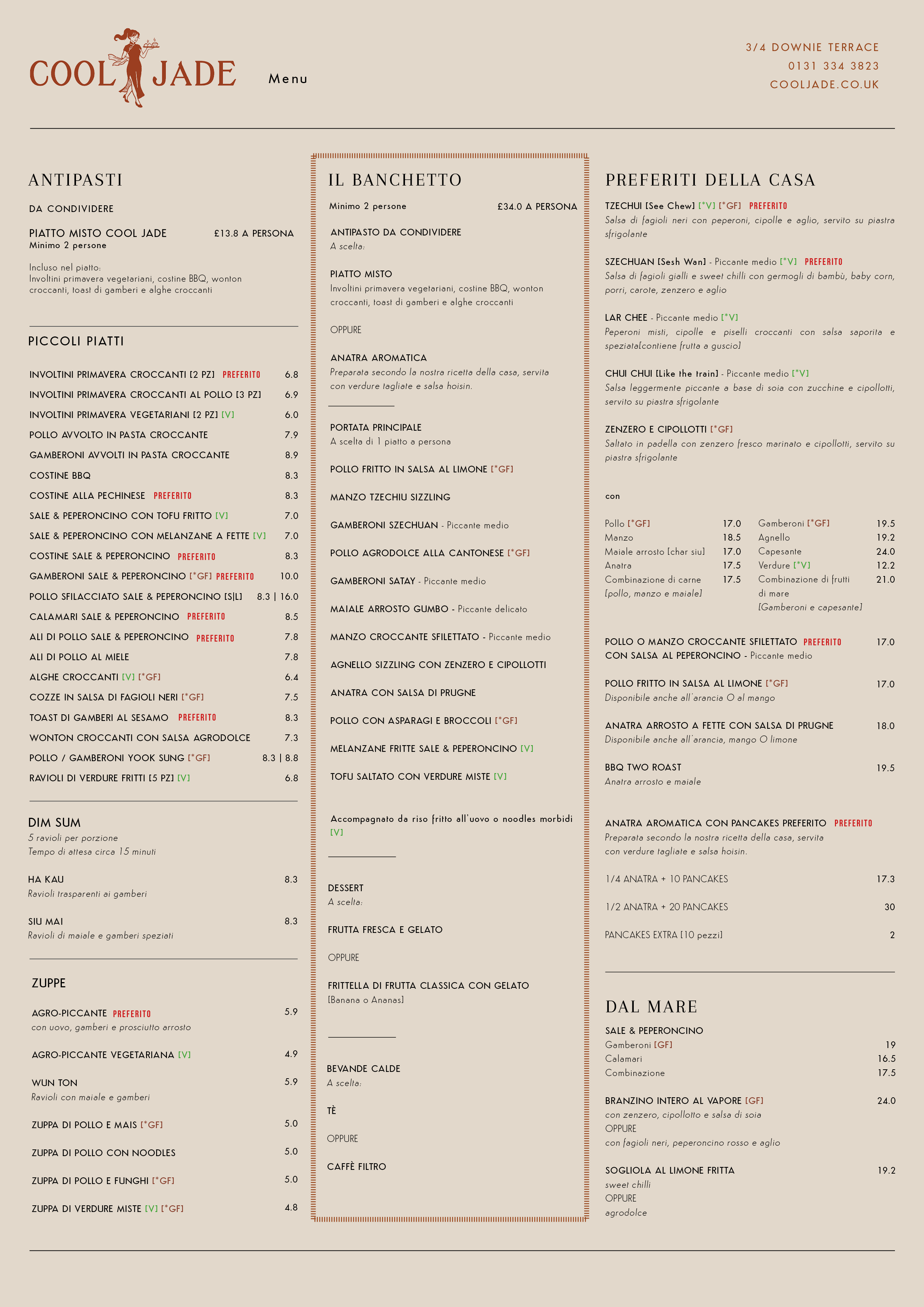 A detailed Italian restaurant menu printed on beige paper with sections for antipasti, pasta, beverages, and specials, including dish names, descriptions, and prices.
