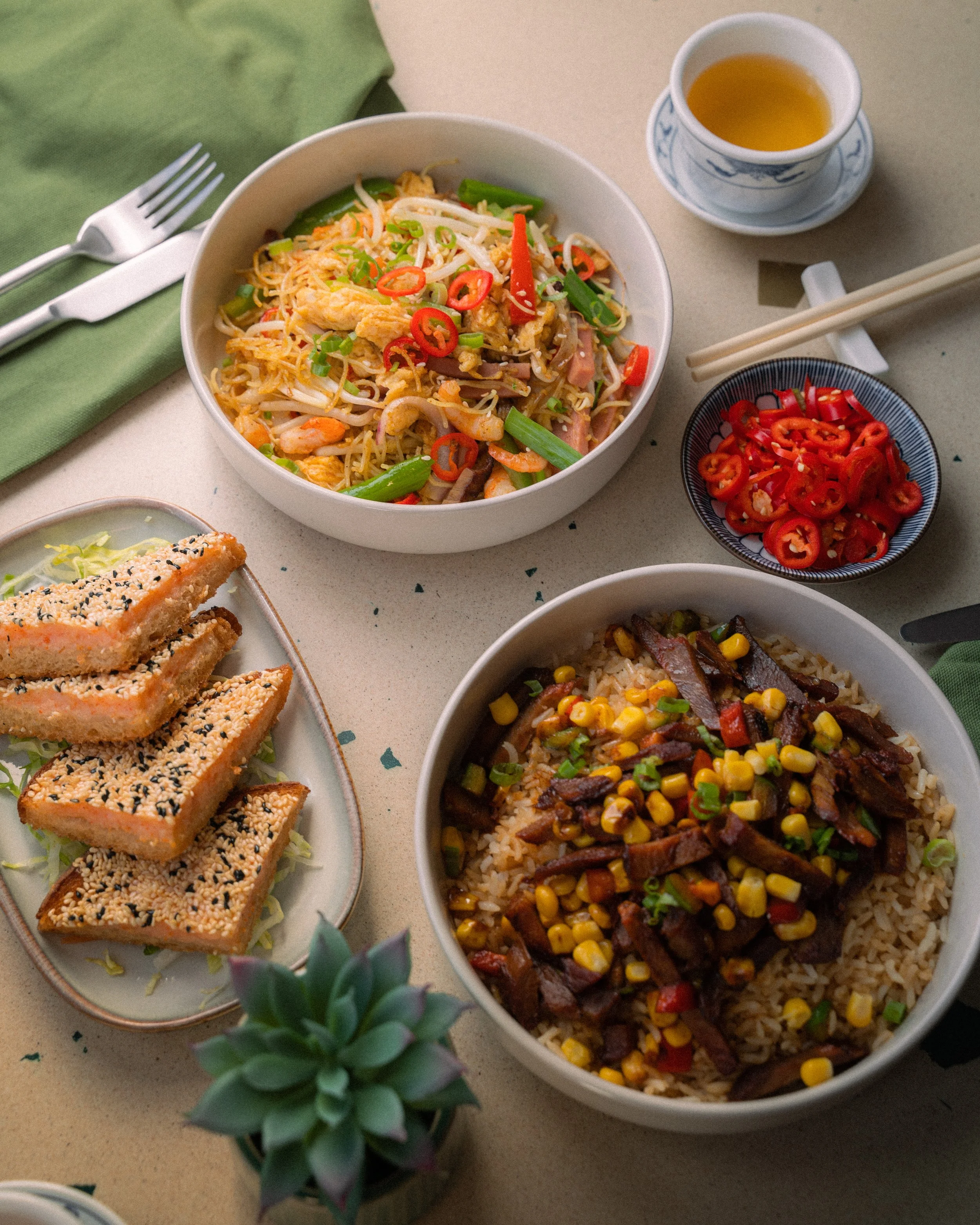 Noodle friend rice with prawn toast and chinese tea