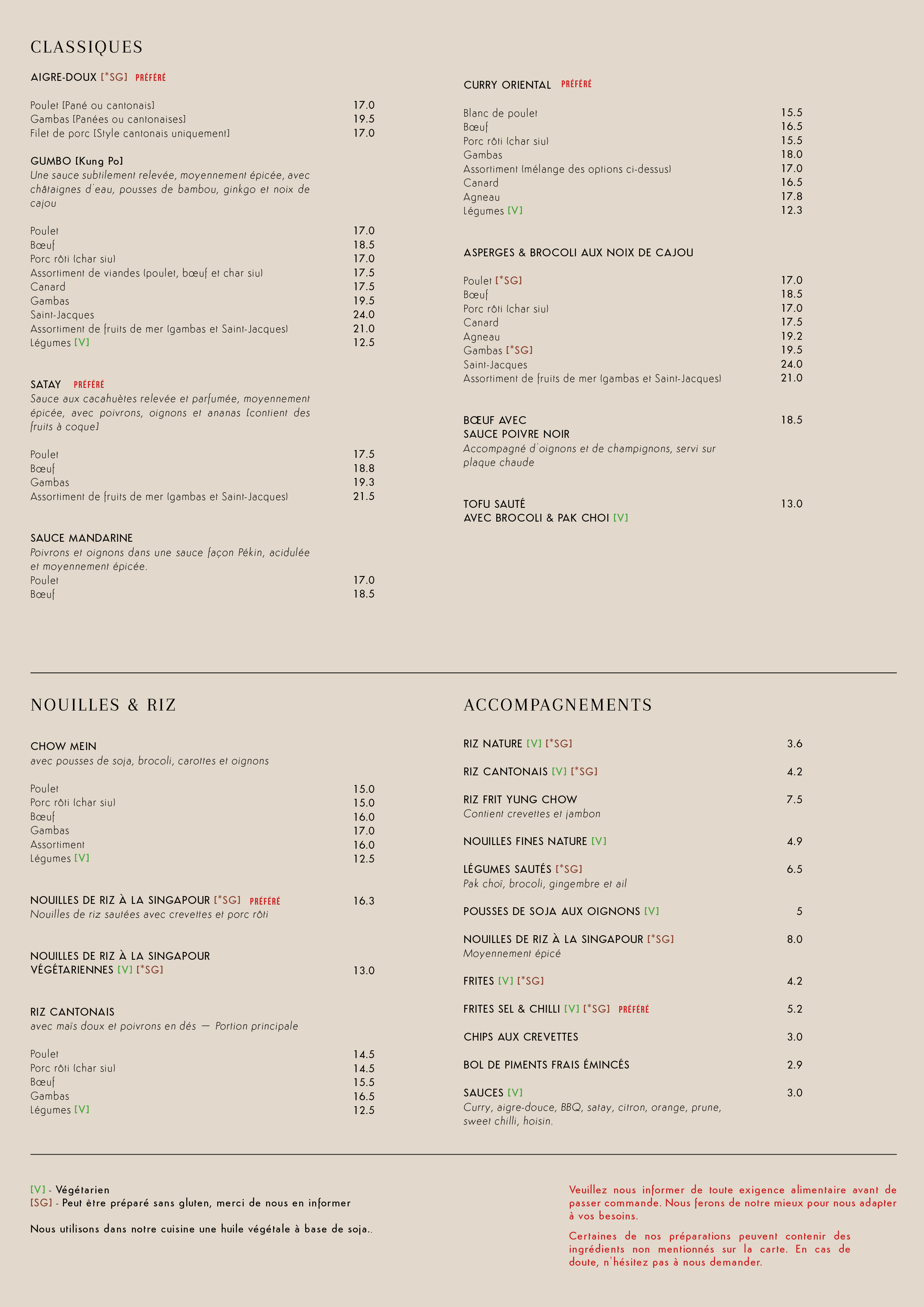 A menu written in French listing various dishes and prices, including categories like classic dishes, rice noodles, and accompaniments, with some items marked as vegetarian or gluten-free.