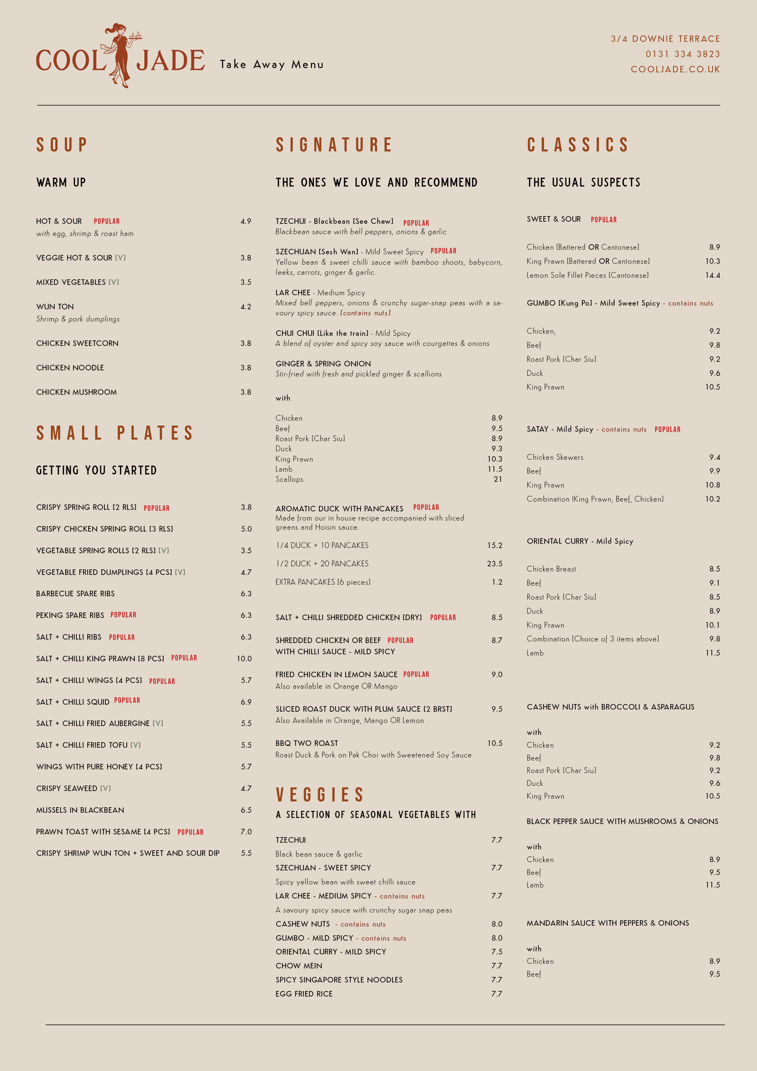 Cool Jade takeaway menu first page, displaying small plates, soups, signature and classic dishes with some veggie options
