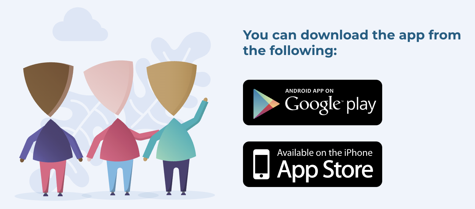 Illustration of three people holding hands, with clouds in the background. To the right, text indicates app download options for Android and iPhone.