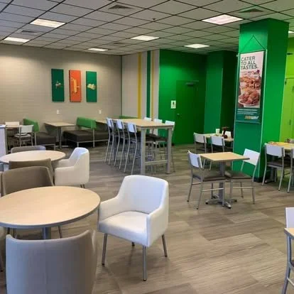 Photo of interior of renovated Subway restaurant. 