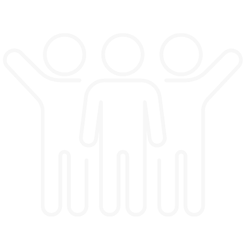 Line drawing of three people, with one person in the middle and two others raising their arms around them.