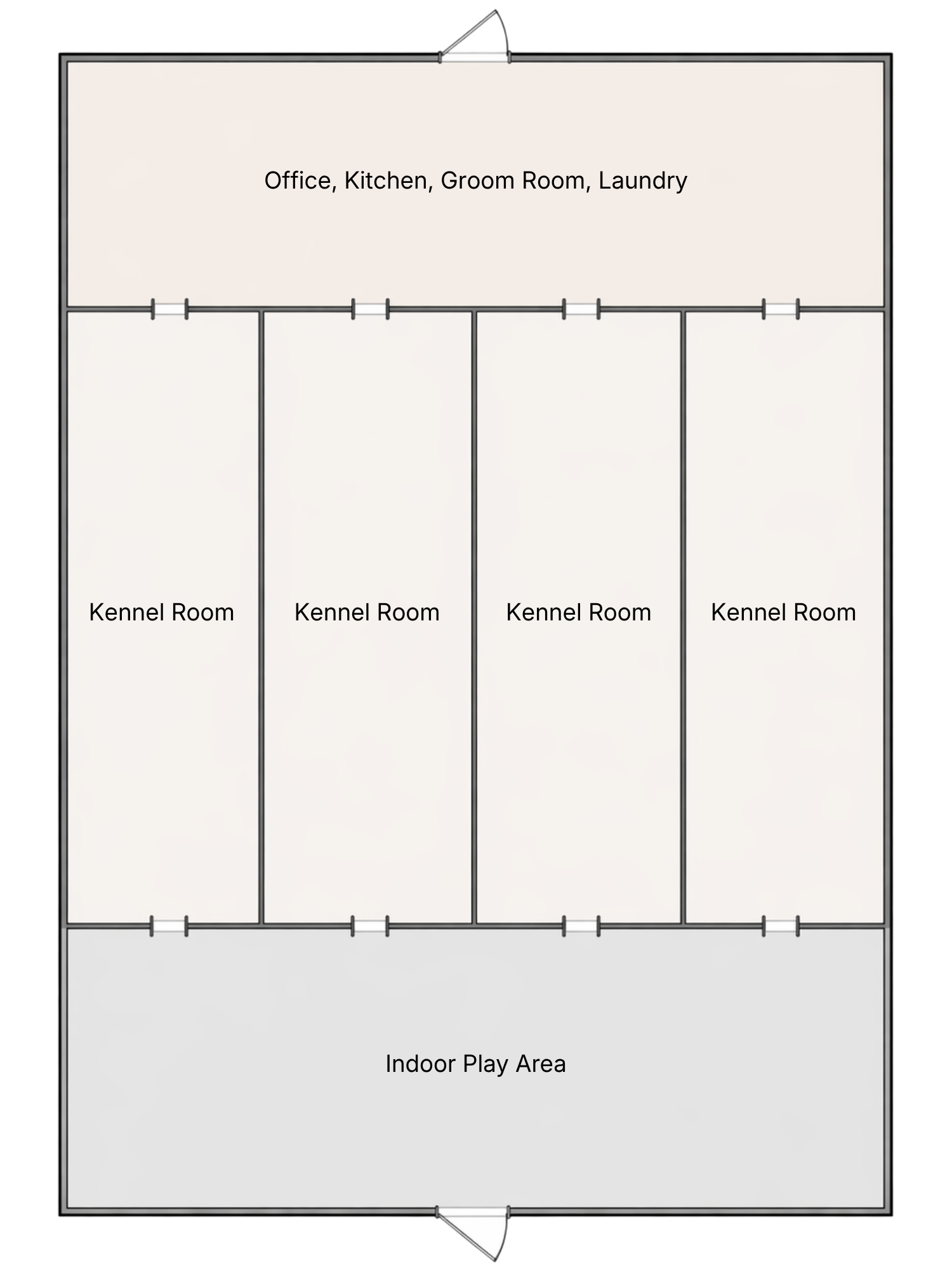 Floor plan of a house showing an office, kitchen, groom room, laundry, four kennel rooms, and an indoor play area.
