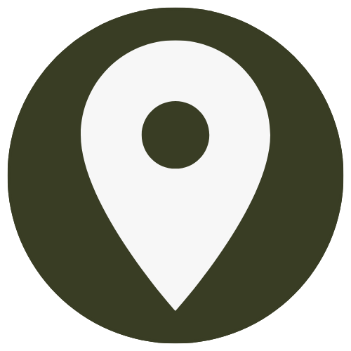 A location pin icon on a dark green background.