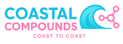Logo for Coastal Compreounds with text in blue and pink, including a wave and a pink key icon