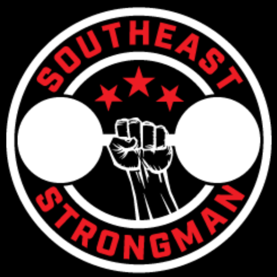 A logo with a black background, a white circle, and red and white border. Inside, there is a clenched fist holding a dumbbell, with three red stars above. The text 'Southheast Strongman' is written in red around the top and bottom of the circle.