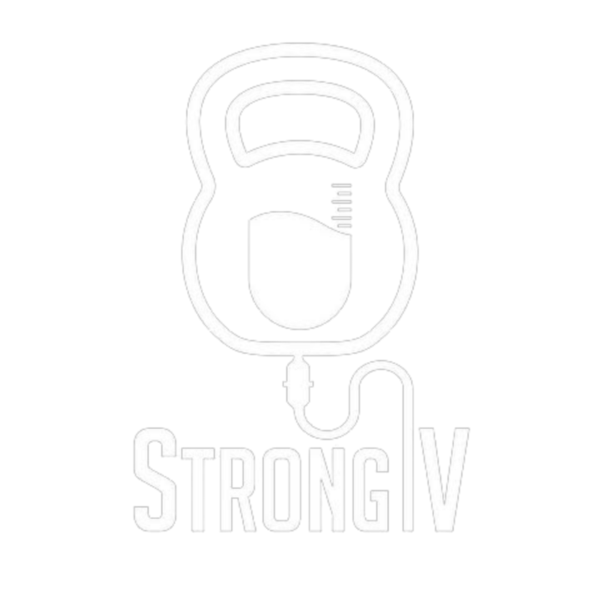 Graphic of a kettlebell intertwined with a medical IV drip bag, with the words "STRONG IV" beneath it, on a black background.